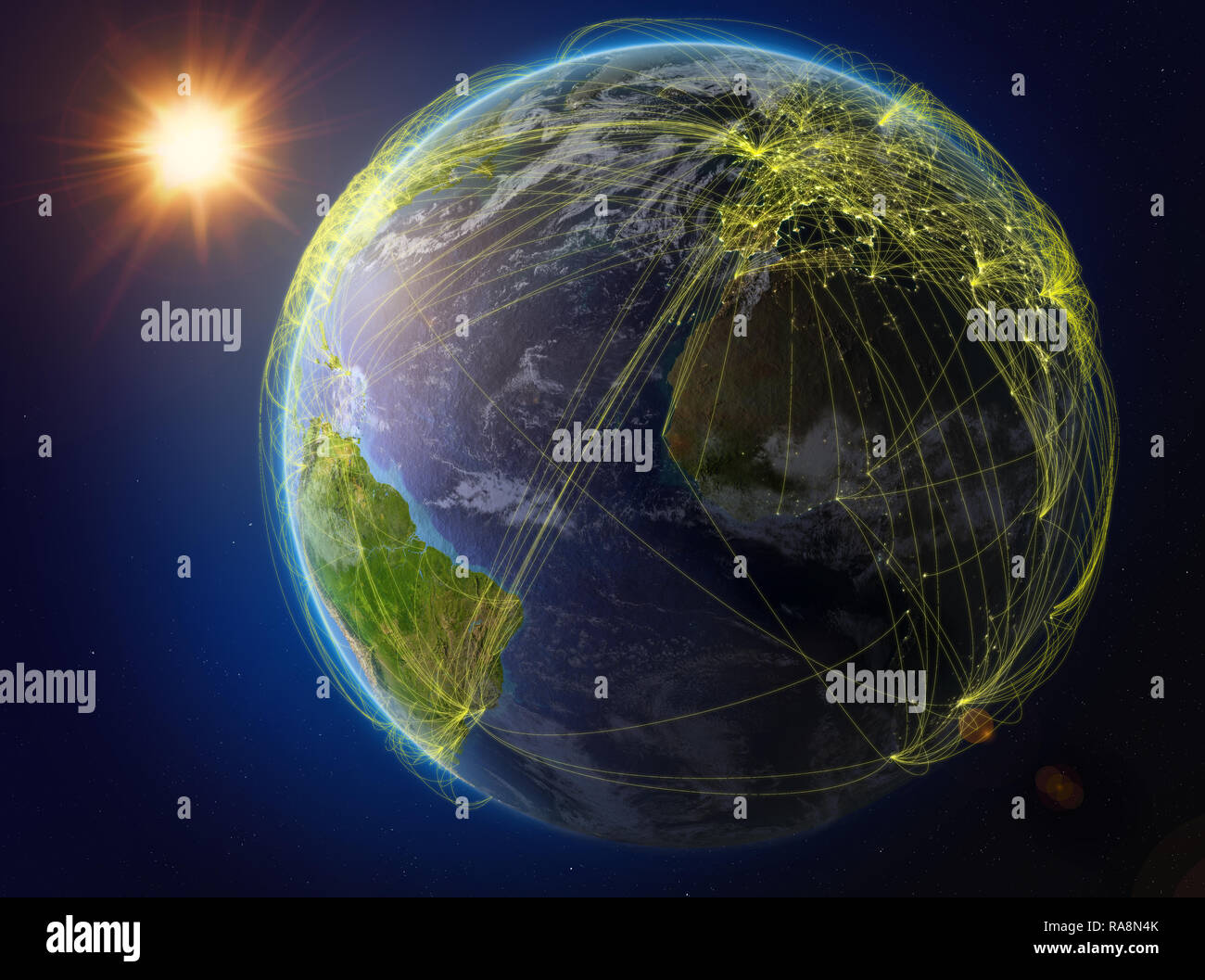 Gambia vom Weltraum aus. Der Planet Erde mit Netzwerk für internationale Kommunikation, Technik und Reisen. 3D-Darstellung. Elemente dieses Bild Stockfoto
