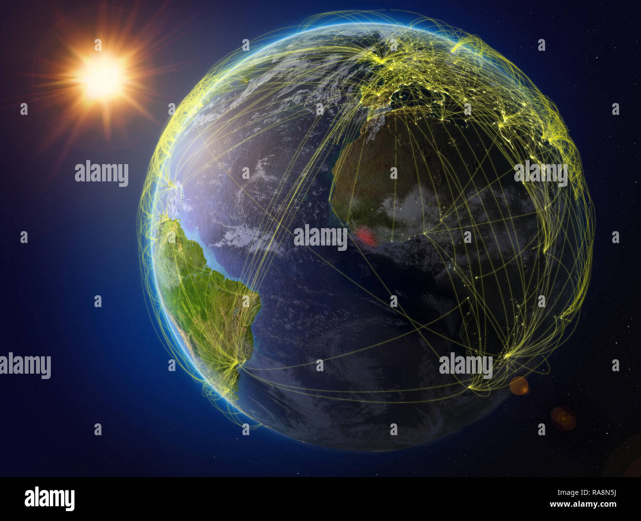 Liberia aus dem Weltraum. Der Planet Erde mit Netzwerk für internationale Kommunikation, Technik und Reisen. 3D-Darstellung. Elemente dieses Bild Stockfoto