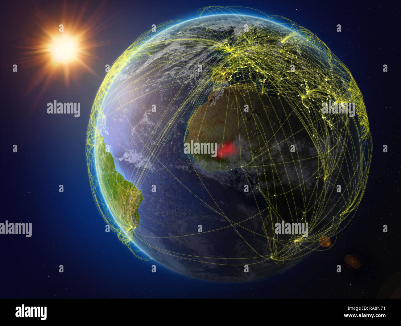 Burkina Faso aus dem Weltraum. Der Planet Erde mit Netzwerk für internationale Kommunikation, Technik und Reisen. 3D-Darstellung. Elemente dieser Stockfoto