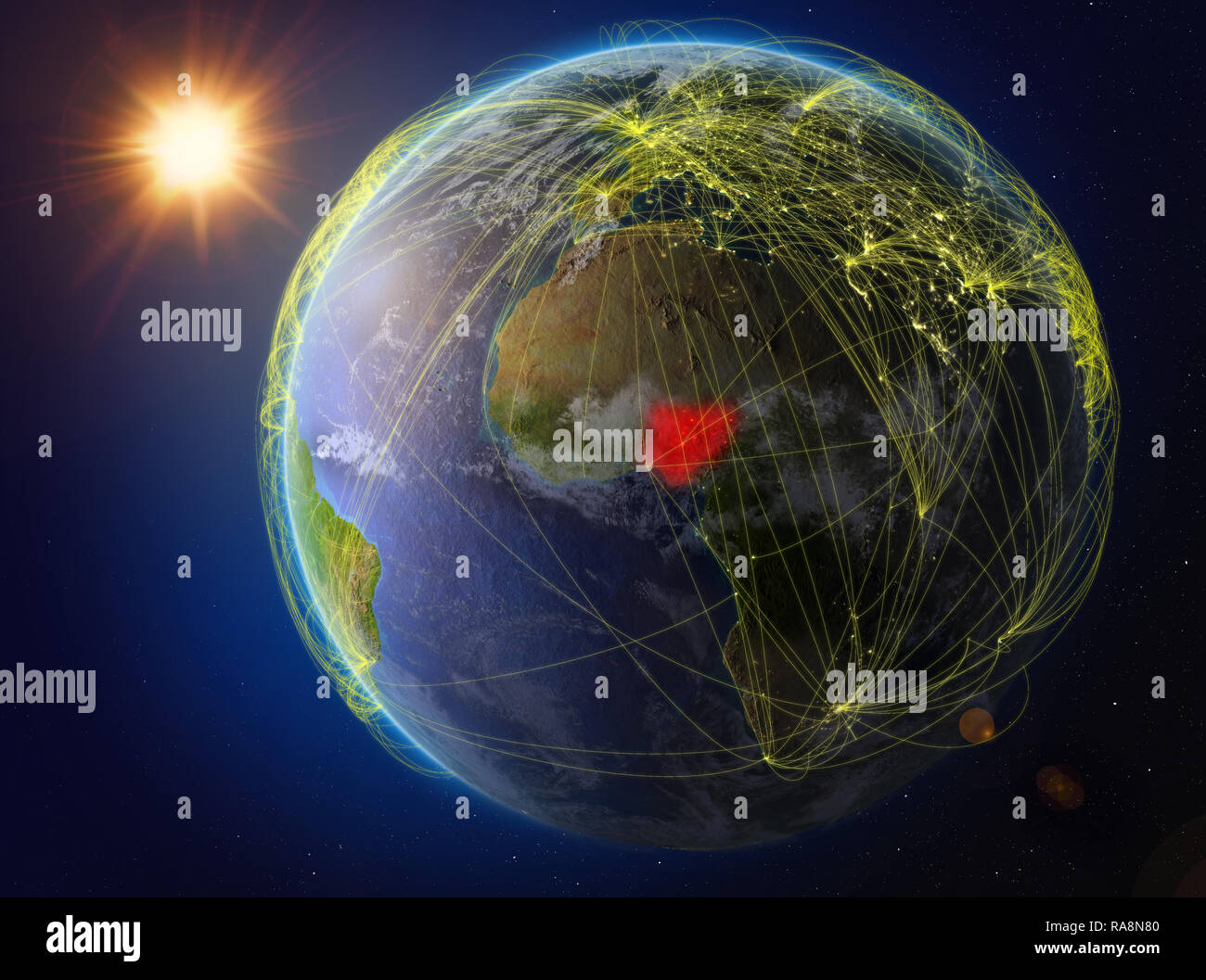 Nigeria aus dem Weltraum. Der Planet Erde mit Netzwerk für internationale Kommunikation, Technik und Reisen. 3D-Darstellung. Elemente dieses Bild Stockfoto