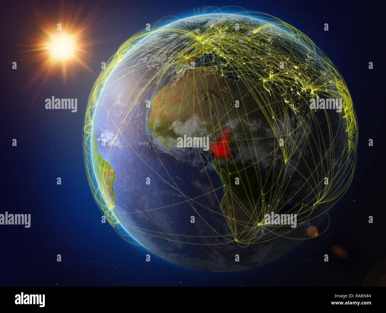 Kamerun aus dem Weltraum. Der Planet Erde mit Netzwerk für internationale Kommunikation, Technik und Reisen. 3D-Darstellung. Elemente dieser imag Stockfoto