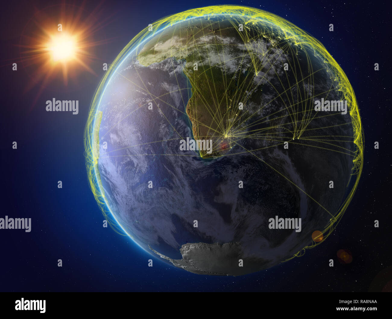 Lesotho aus dem Weltraum. Der Planet Erde mit Netzwerk für internationale Kommunikation, Technik und Reisen. 3D-Darstellung. Elemente dieses Bild Stockfoto