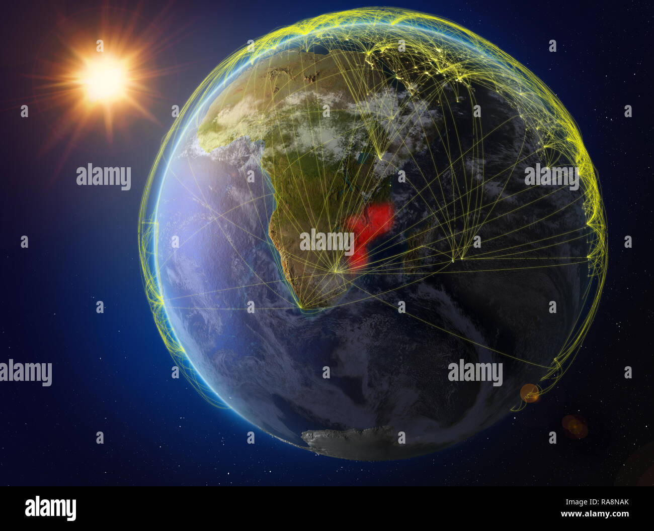 Mosambik aus dem Weltraum. Der Planet Erde mit Netzwerk für internationale Kommunikation, Technik und Reisen. 3D-Darstellung. Elemente im Stockfoto