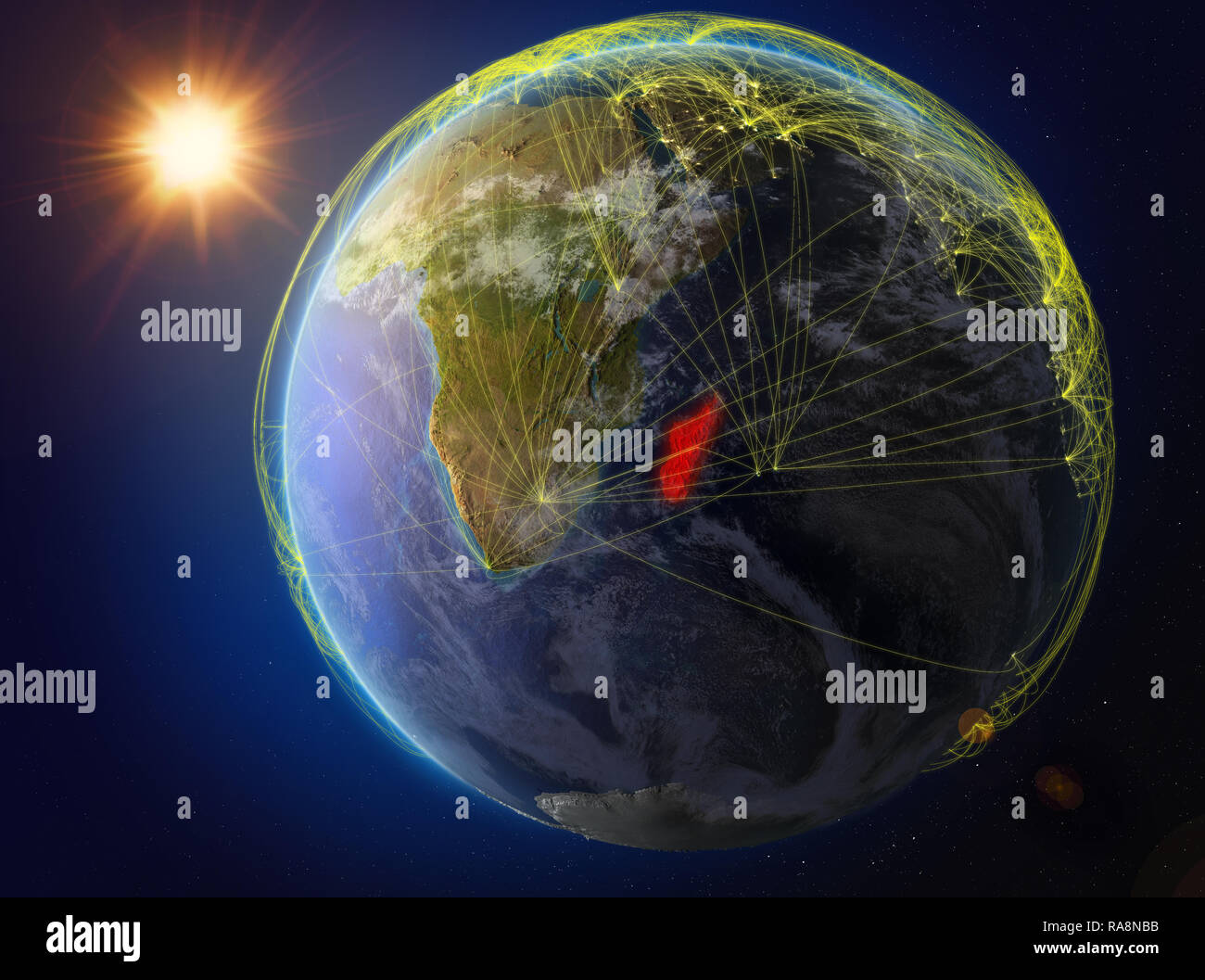 Madagaskar aus dem Weltraum. Der Planet Erde mit Netzwerk für internationale Kommunikation, Technik und Reisen. 3D-Darstellung. Elemente im Stockfoto