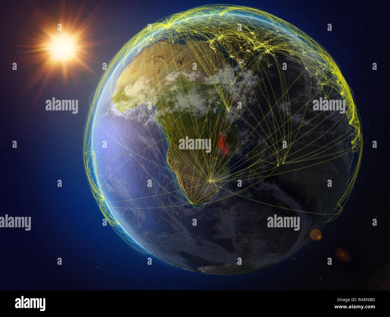 Malawi aus dem Weltraum. Der Planet Erde mit Netzwerk für internationale Kommunikation, Technik und Reisen. 3D-Darstellung. Elemente dieses Bild Stockfoto