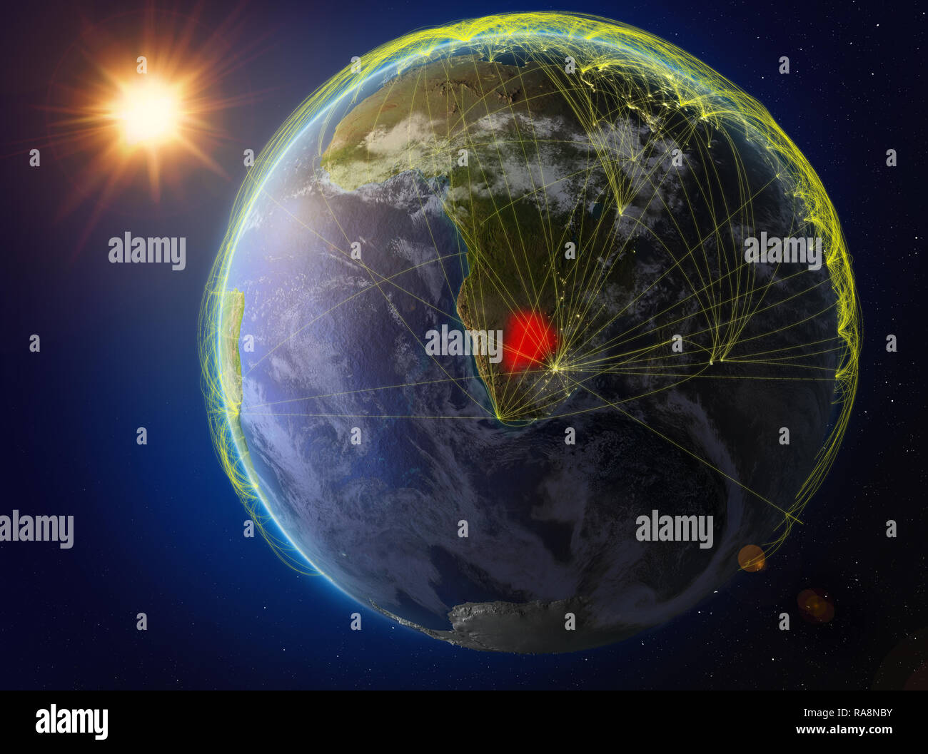 Botswana aus dem Weltraum. Der Planet Erde mit Netzwerk für internationale Kommunikation, Technik und Reisen. 3D-Darstellung. Elemente dieser imag Stockfoto
