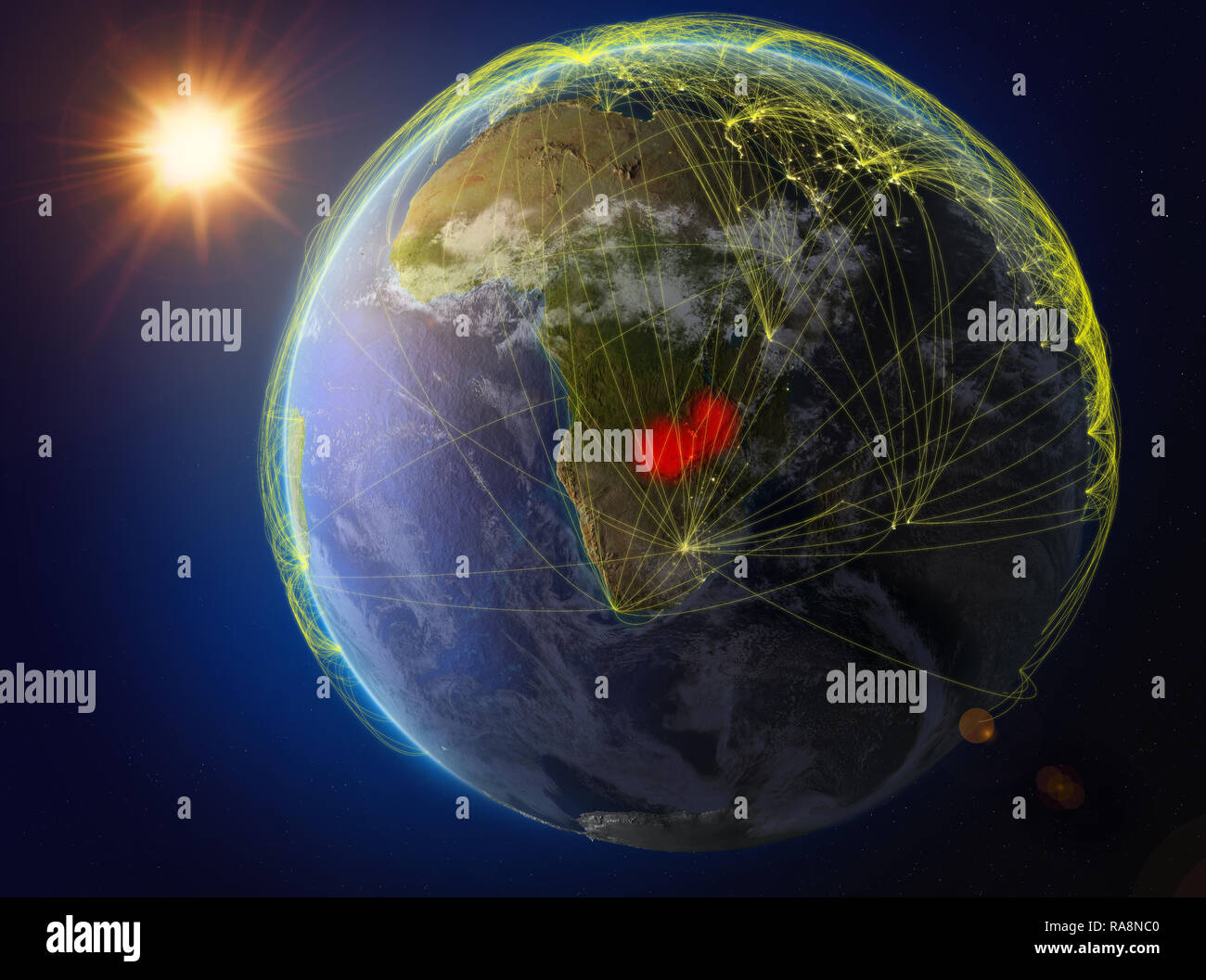 Sambia aus dem Weltraum. Der Planet Erde mit Netzwerk für internationale Kommunikation, Technik und Reisen. 3D-Darstellung. Elemente dieses Bild Stockfoto