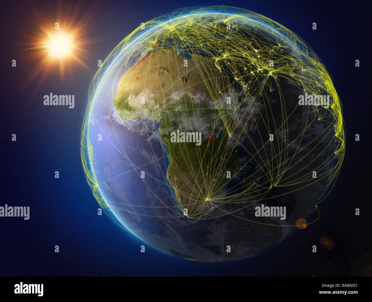 Ruanda aus dem Weltraum. Der Planet Erde mit Netzwerk für internationale Kommunikation, Technik und Reisen. 3D-Darstellung. Elemente dieses Bild Stockfoto
