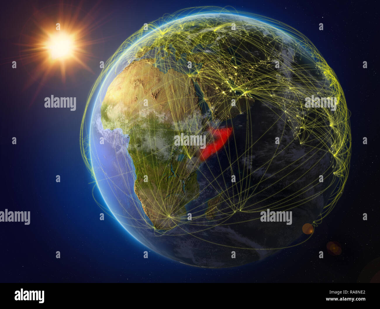 Somalia aus dem Weltraum. Der Planet Erde mit Netzwerk für internationale Kommunikation, Technik und Reisen. 3D-Darstellung. Elemente dieses Bild Stockfoto