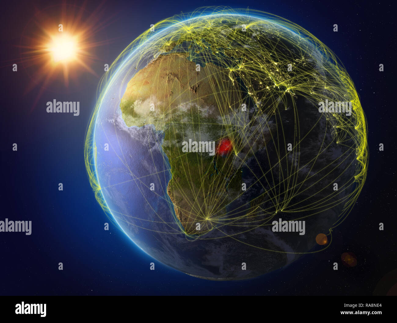 Uganda von Raum. Der Planet Erde mit Netzwerk für internationale Kommunikation, Technik und Reisen. 3D-Darstellung. Elemente dieses Bild Stockfoto