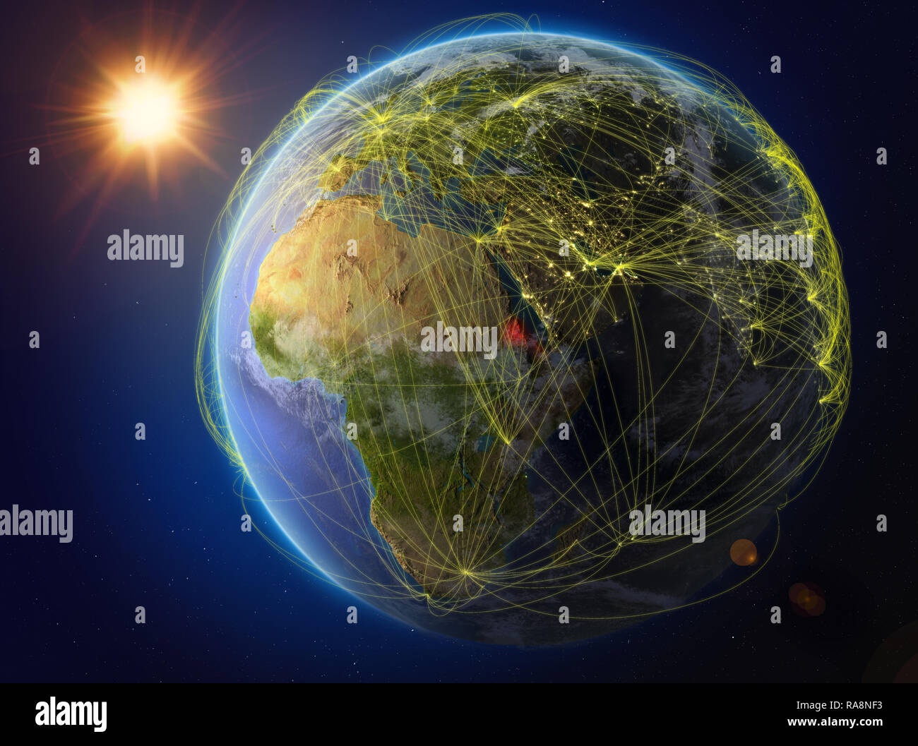 Eritrea aus dem Weltraum. Der Planet Erde mit Netzwerk für internationale Kommunikation, Technik und Reisen. 3D-Darstellung. Elemente dieses Bild Stockfoto