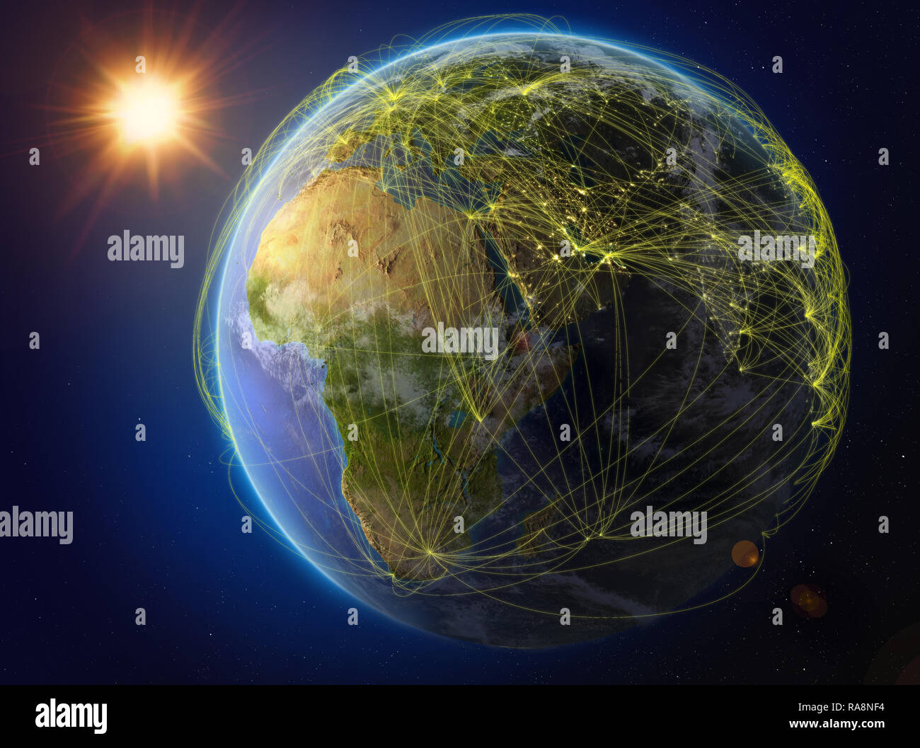 Dschibuti aus dem Weltraum. Der Planet Erde mit Netzwerk für internationale Kommunikation, Technik und Reisen. 3D-Darstellung. Elemente dieser imag Stockfoto
