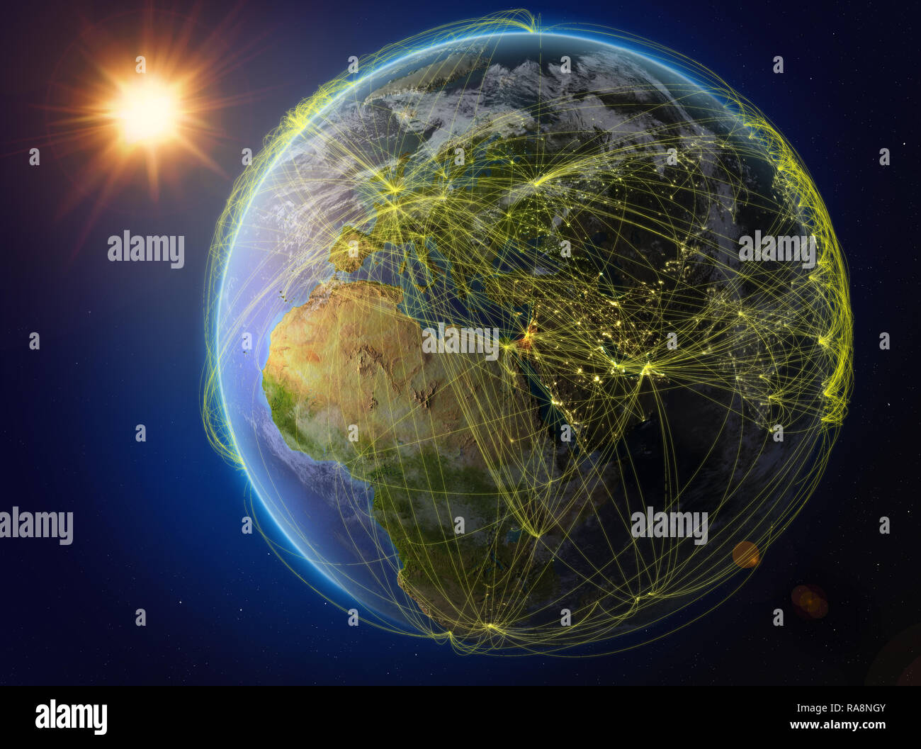 Israel vom Weltraum aus. Der Planet Erde mit Netzwerk für internationale Kommunikation, Technik und Reisen. 3D-Darstellung. Elemente dieses Bild Stockfoto