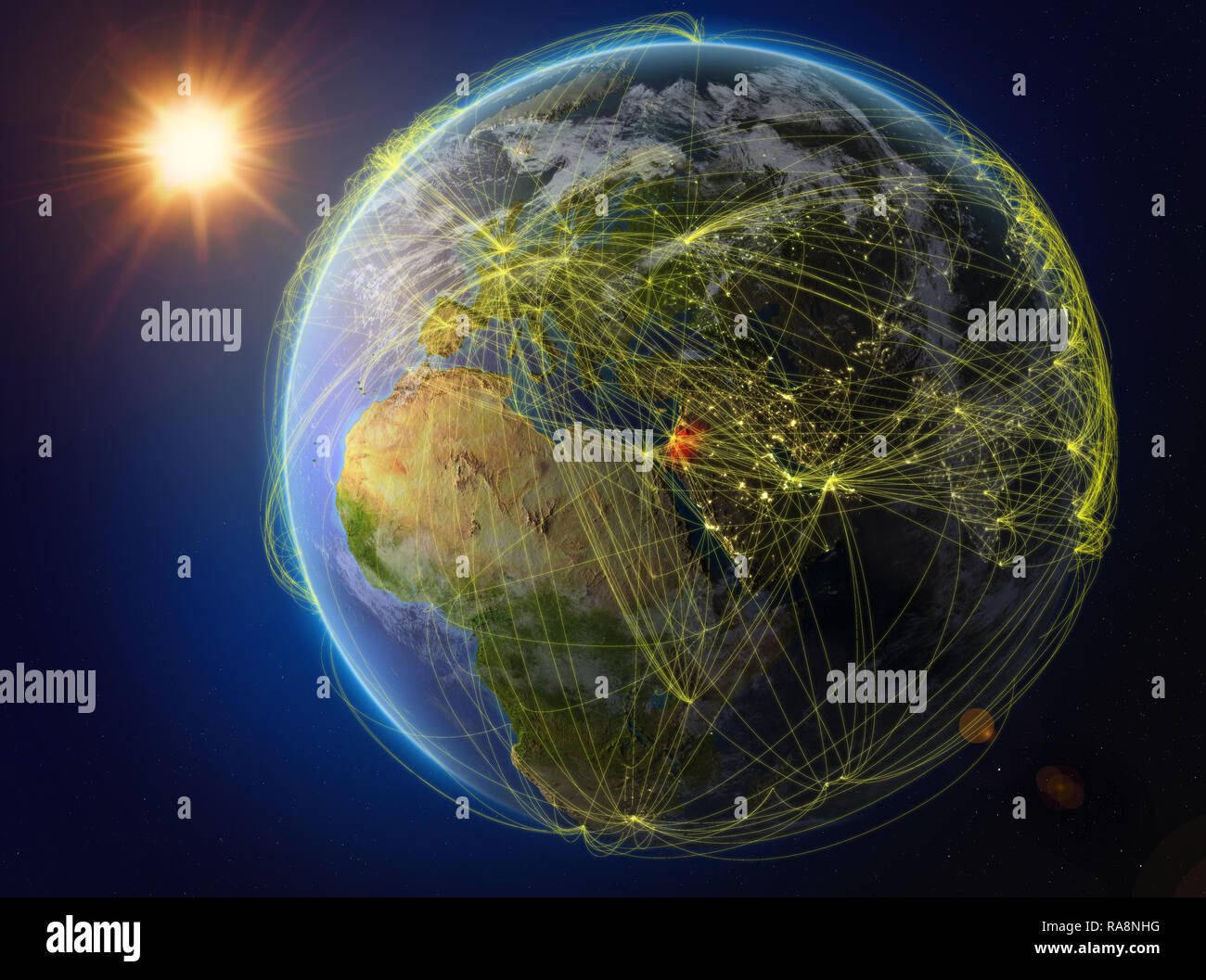 Jordan aus dem Weltraum. Der Planet Erde mit Netzwerk für internationale Kommunikation, Technik und Reisen. 3D-Darstellung. Elemente dieses Bild Stockfoto