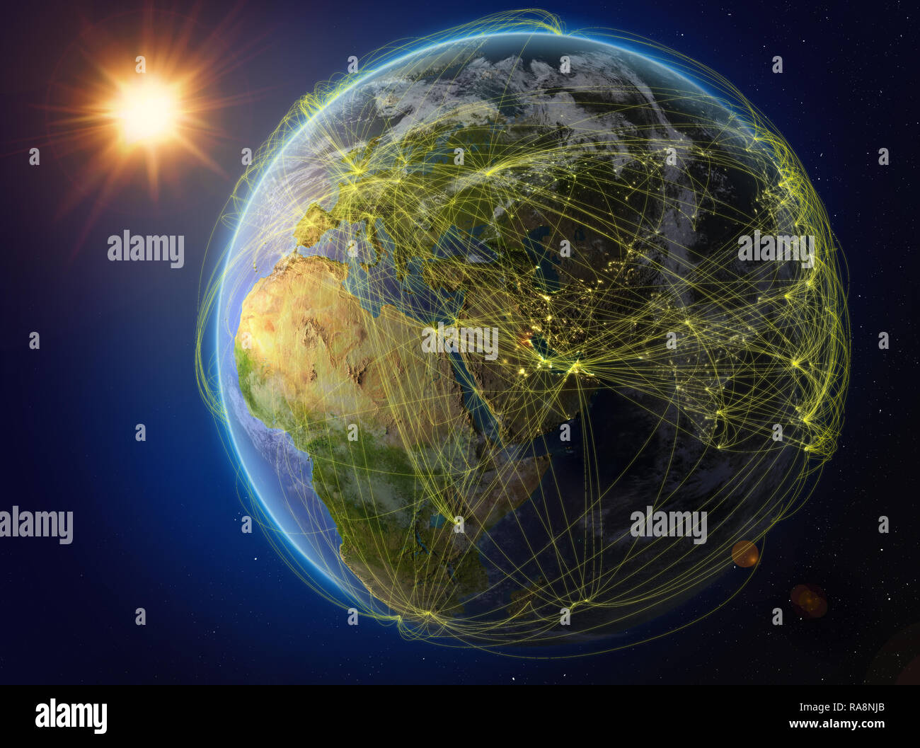Kuwait vom Weltraum aus. Der Planet Erde mit Netzwerk für internationale Kommunikation, Technik und Reisen. 3D-Darstellung. Elemente dieses Bild Stockfoto