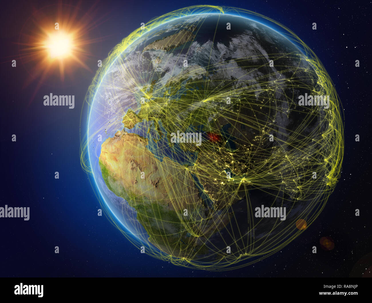 Georgien aus dem Weltraum. Der Planet Erde mit Netzwerk für internationale Kommunikation, Technik und Reisen. 3D-Darstellung. Elemente dieses Bild Stockfoto