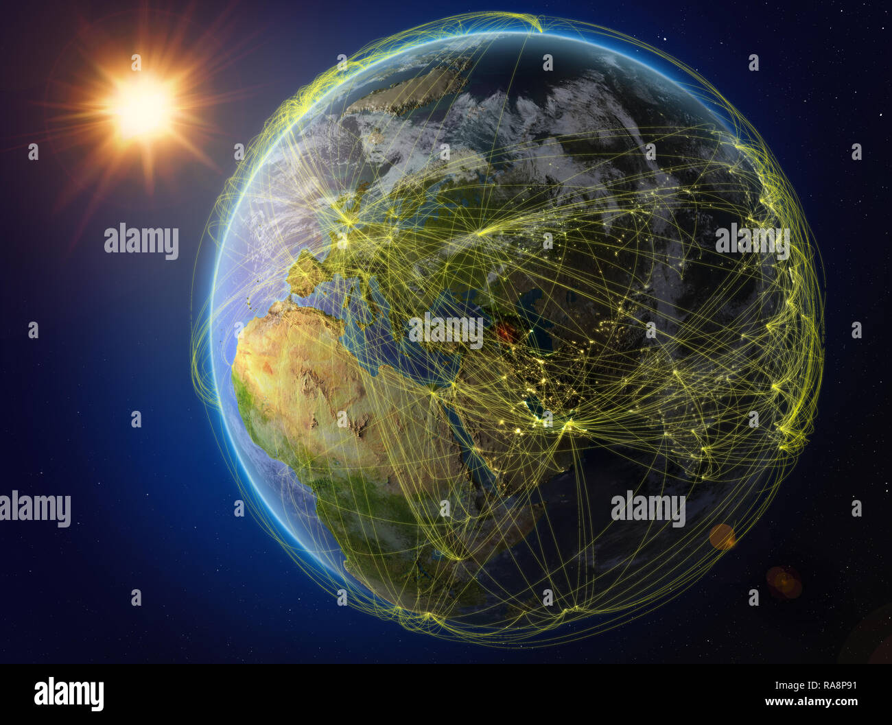 Armenien aus dem Weltraum. Der Planet Erde mit Netzwerk für internationale Kommunikation, Technik und Reisen. 3D-Darstellung. Elemente dieses Bild Stockfoto
