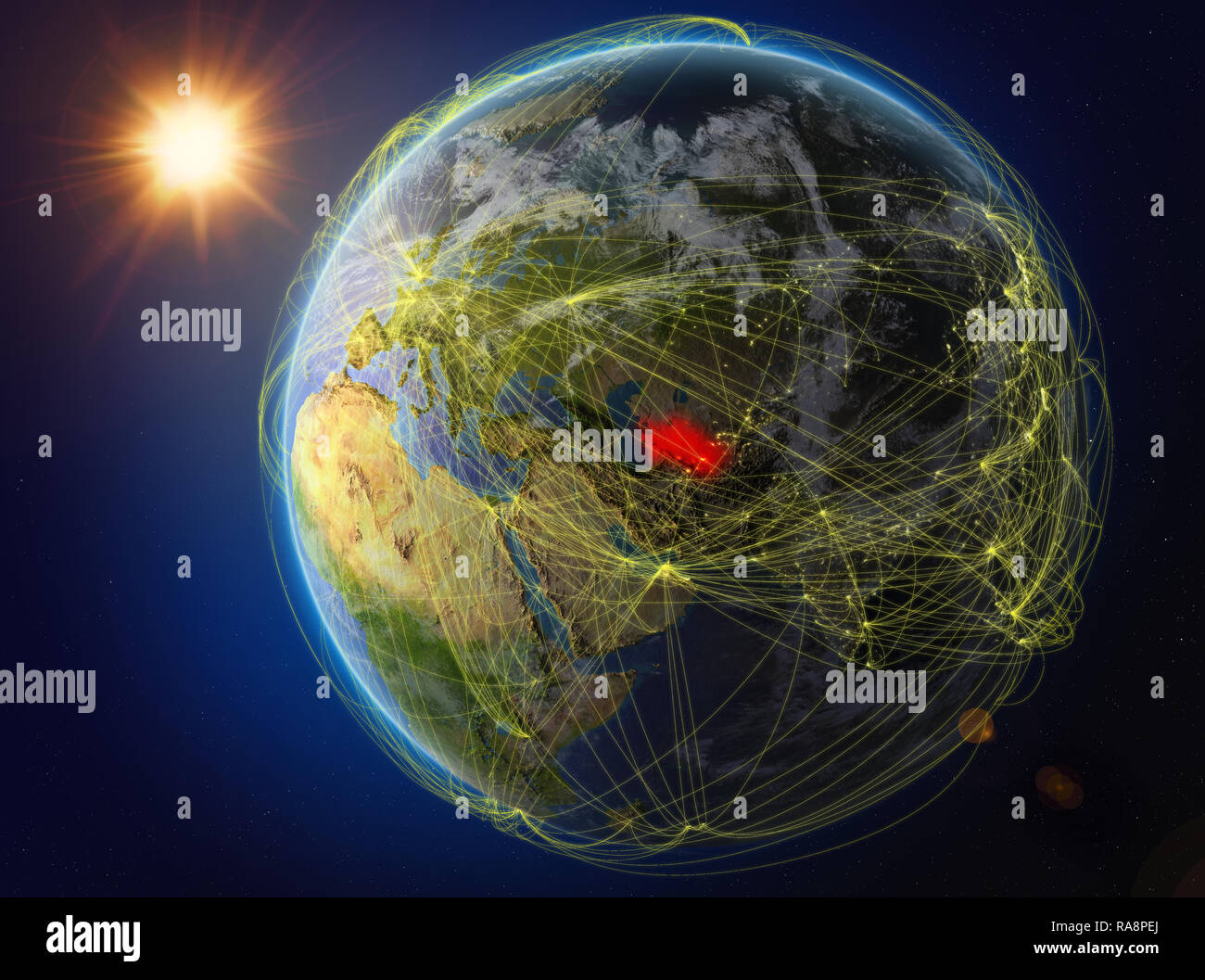 Turkmenistan aus dem Weltraum. Der Planet Erde mit Netzwerk für internationale Kommunikation, Technik und Reisen. 3D-Darstellung. Elemente dieser Stockfoto