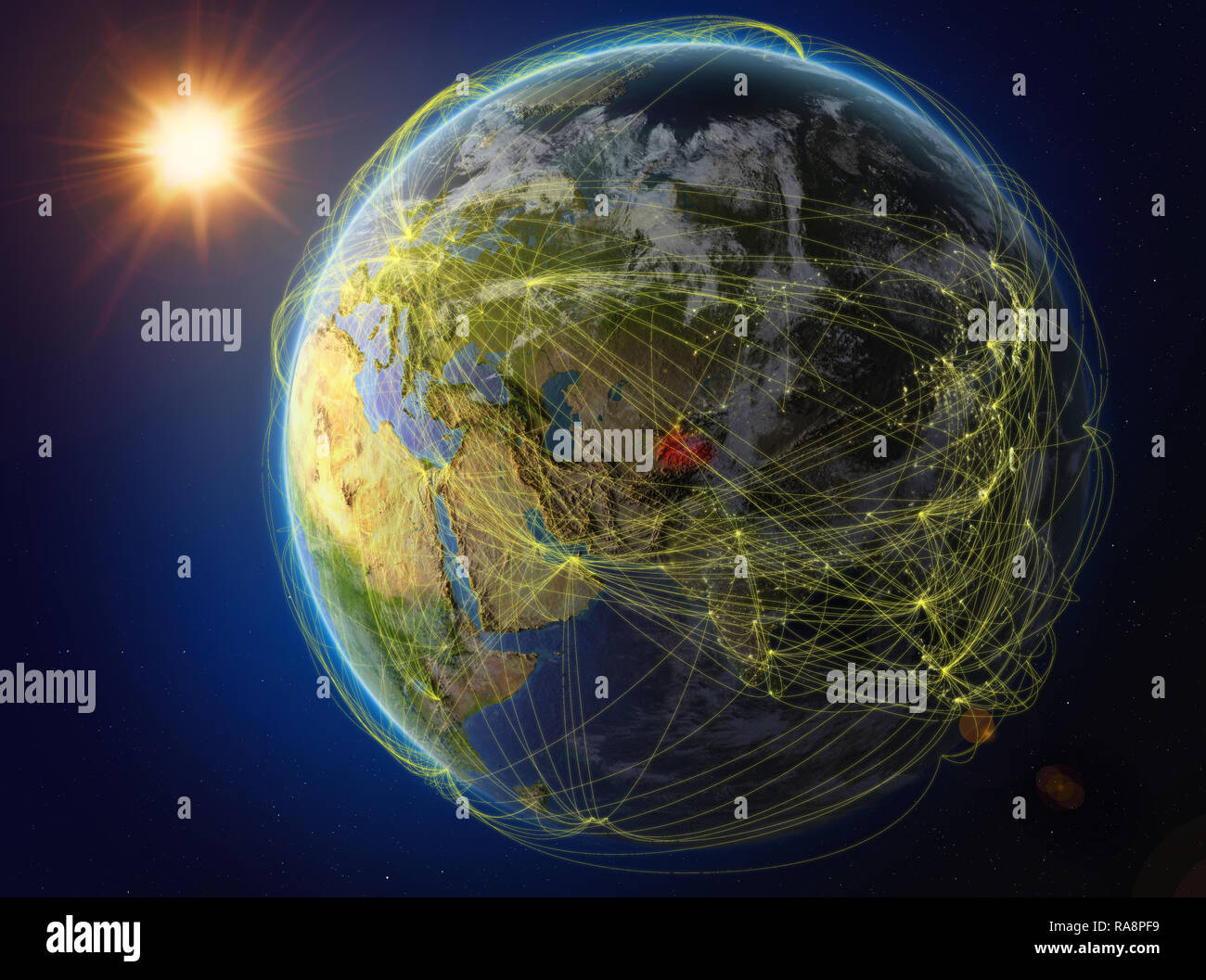 Vom Weltraum aus Tadschikistan. Der Planet Erde mit Netzwerk für internationale Kommunikation, Technik und Reisen. 3D-Darstellung. Elemente im Stockfoto