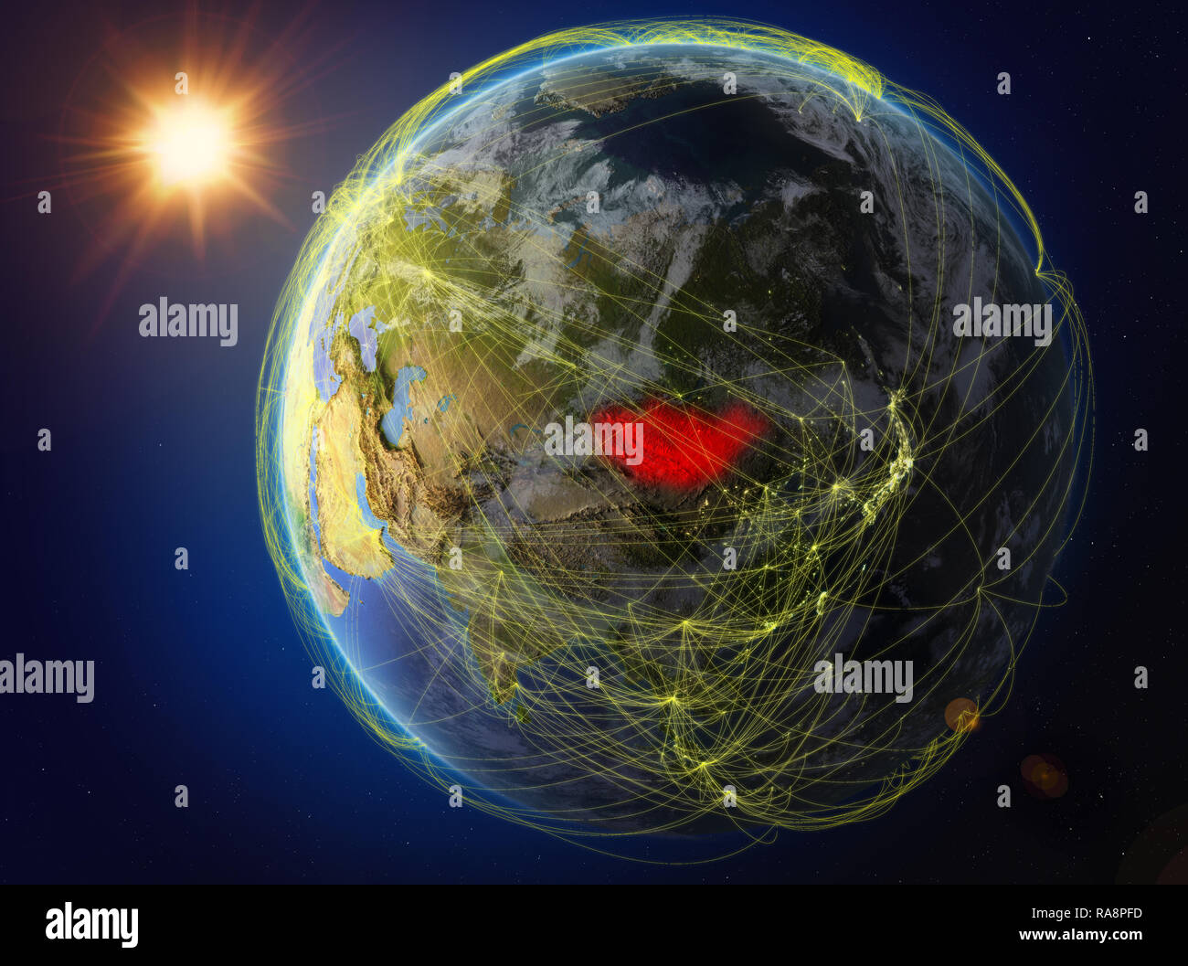 Die Mongolei von Raum. Der Planet Erde mit Netzwerk für internationale Kommunikation, Technik und Reisen. 3D-Darstellung. Elemente dieser imag Stockfoto
