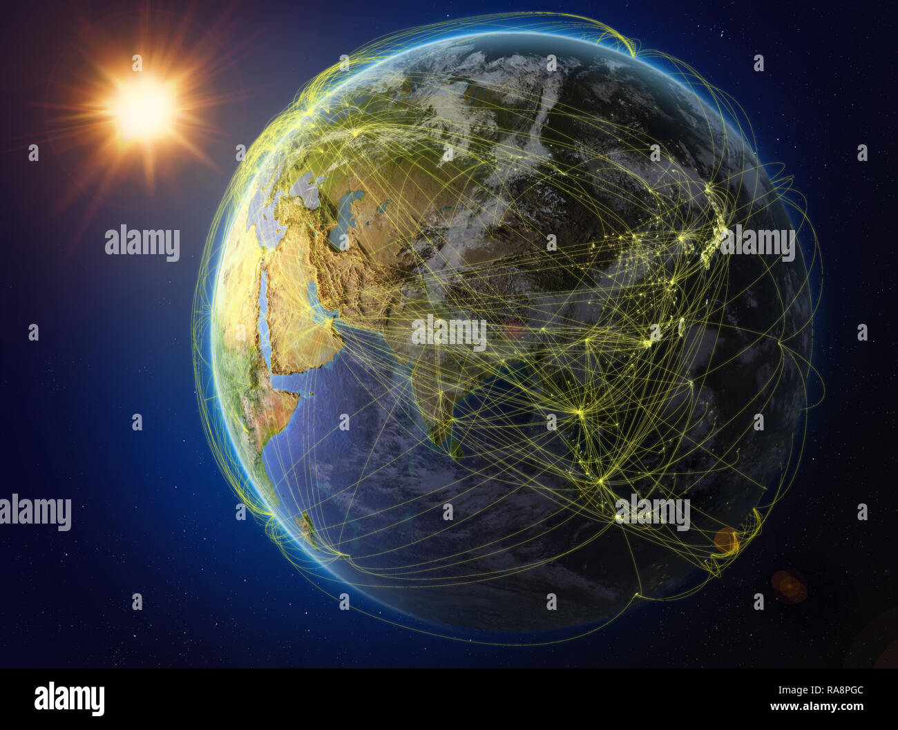 Vom Weltraum aus Bhutan. Der Planet Erde mit Netzwerk für internationale Kommunikation, Technik und Reisen. 3D-Darstellung. Elemente dieses Bild Stockfoto