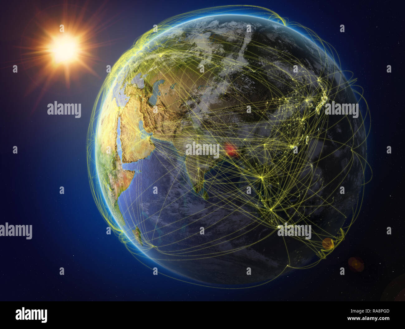 Bangladesch vom Weltraum aus. Der Planet Erde mit Netzwerk für internationale Kommunikation, Technik und Reisen. 3D-Darstellung. Elemente im Stockfoto