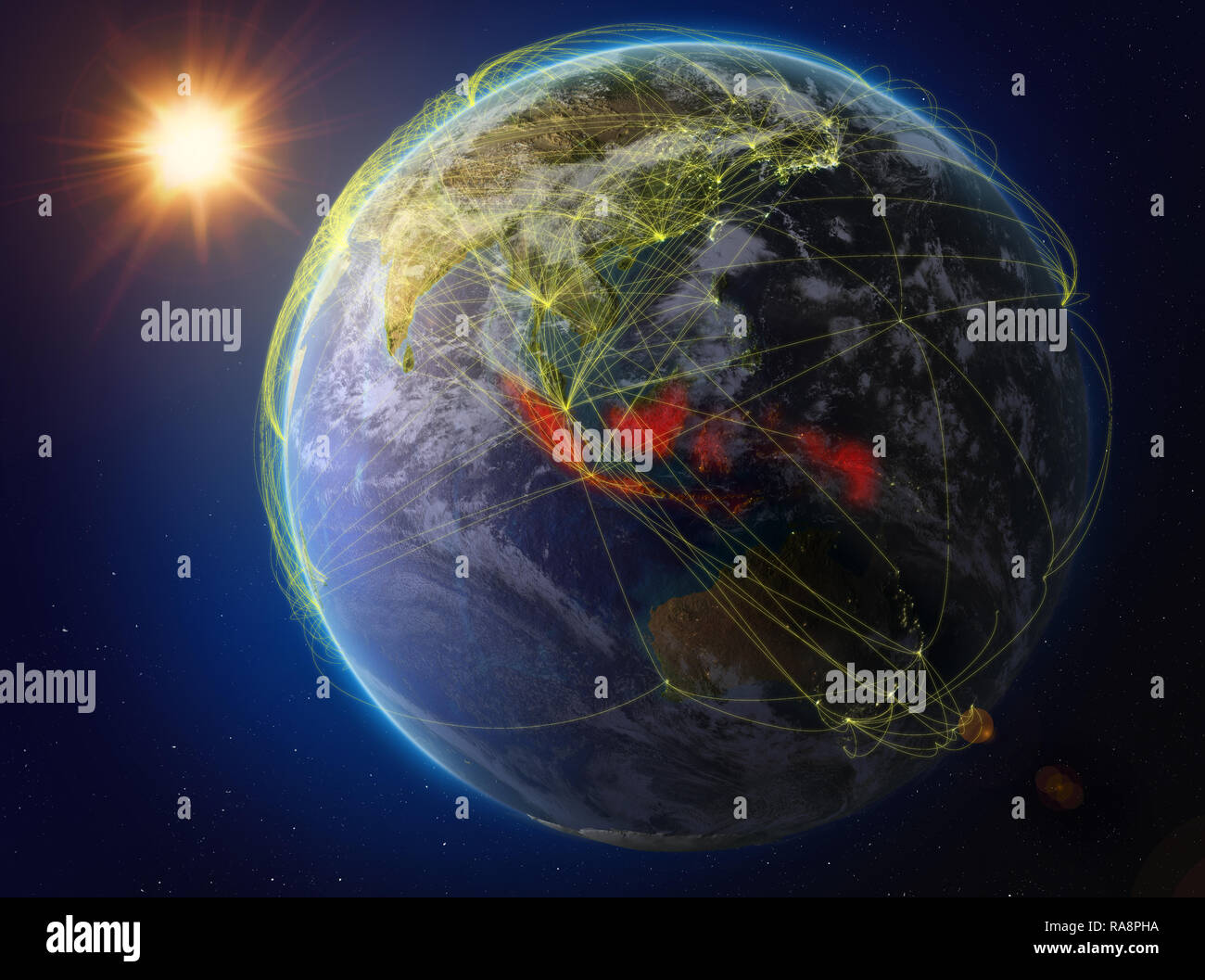 Indonesien aus dem Weltraum. Der Planet Erde mit Netzwerk für internationale Kommunikation, Technik und Reisen. 3D-Darstellung. Elemente dieser Ima Stockfoto