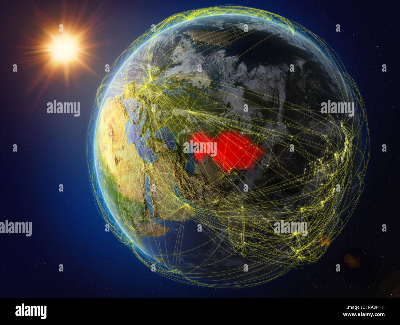 Vom Weltraum aus Kasachstan. Der Planet Erde mit Netzwerk für internationale Kommunikation, Technik und Reisen. 3D-Darstellung. Elemente im Stockfoto