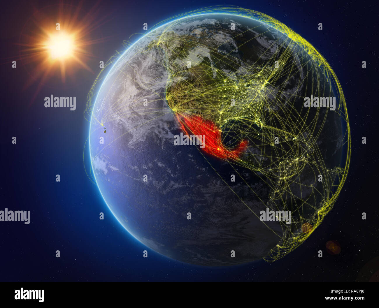 Mexiko aus dem Weltraum. Der Planet Erde mit Netzwerk für internationale Kommunikation, Technik und Reisen. 3D-Darstellung. Elemente dieses Bild Stockfoto