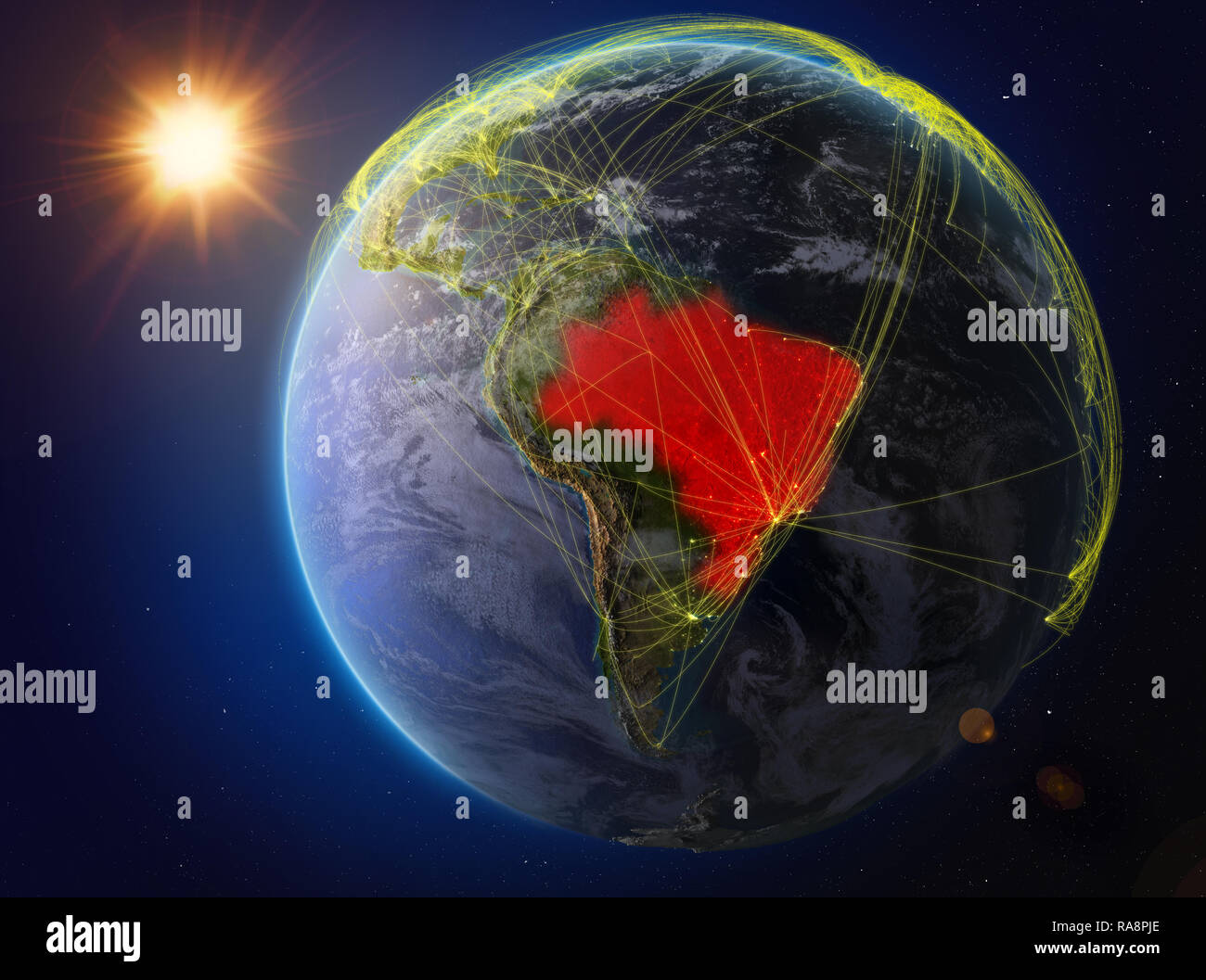 Brasilien aus dem Weltraum. Der Planet Erde mit Netzwerk für internationale Kommunikation, Technik und Reisen. 3D-Darstellung. Elemente dieses Bild Stockfoto