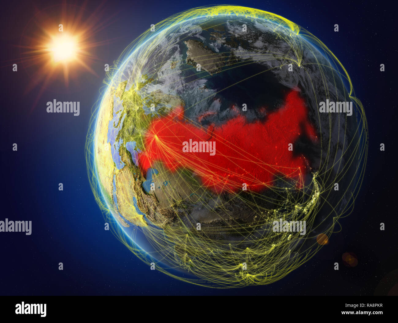 Russland aus dem Weltraum. Der Planet Erde mit Netzwerk für internationale Kommunikation, Technik und Reisen. 3D-Darstellung. Elemente dieses Bild Stockfoto