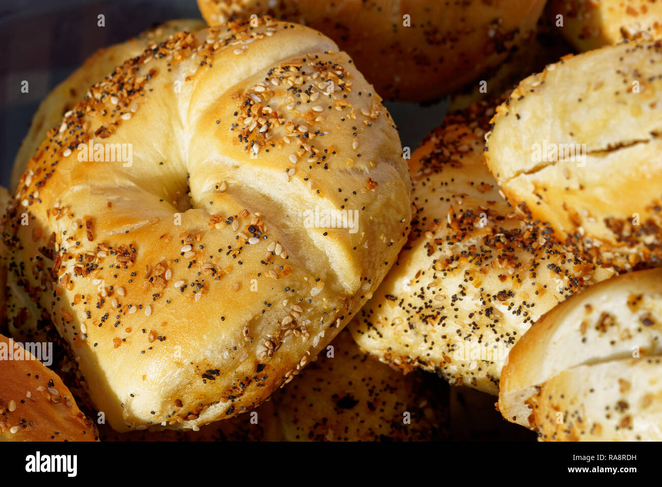 Alles frisch gebackene Bagels am Morgen Bauernmarkt mit Zwiebel Sesam und Mohn sowie Knoblauch Stockfoto