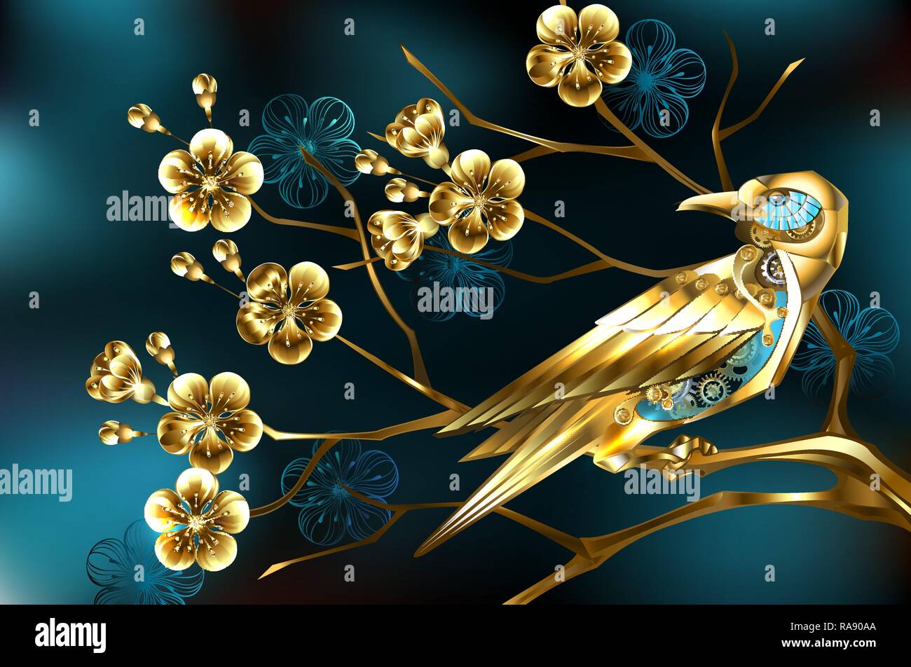Golden steampunk Vogel mit gold Zahnräder auf Zweig, Schmuck Cherry Blossom, auf Türkisfarbenem Hintergrund. Stock Vektor