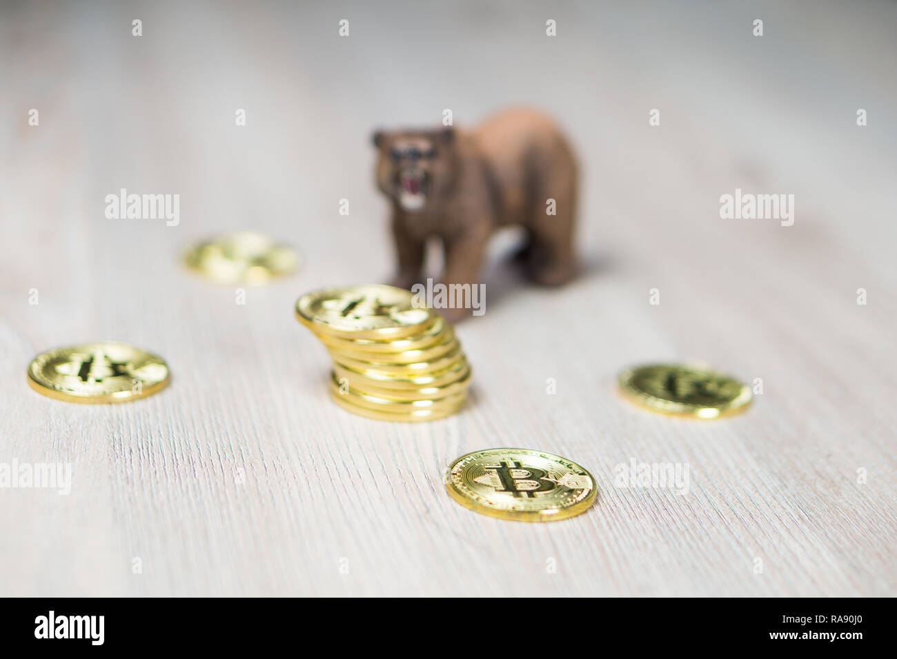 Bär mit Gold Bitcoin Cryptocurrency Fokus auf Münzen. Baisse an der Wall Street das Finanzkonzept. Stockfoto