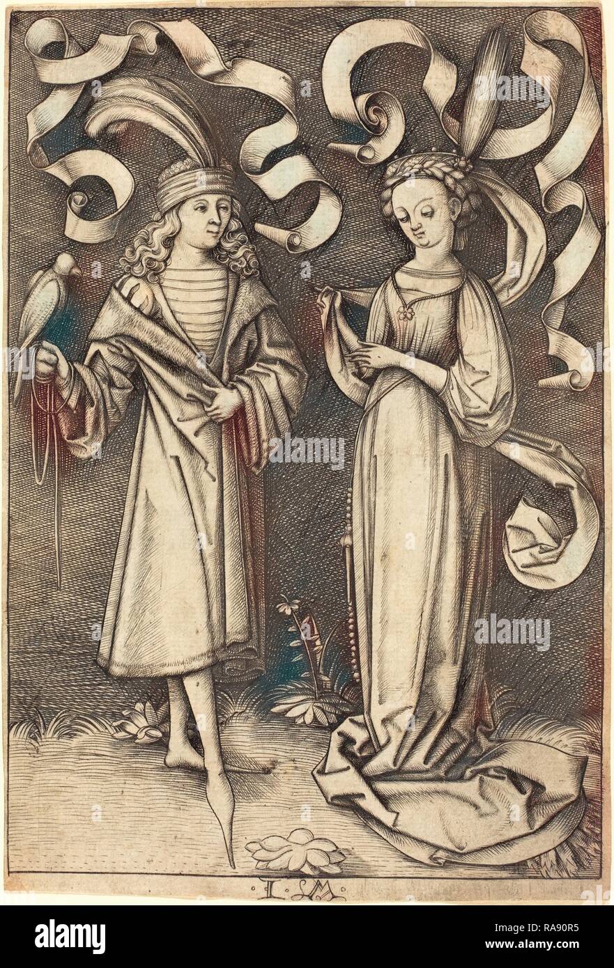 Israhel van Meckenem (Deutsch, C. 1445 - 1503), dem Falkner und edle Dame, C. 1495-1503, Gravur. Neuerfundene Stockfoto