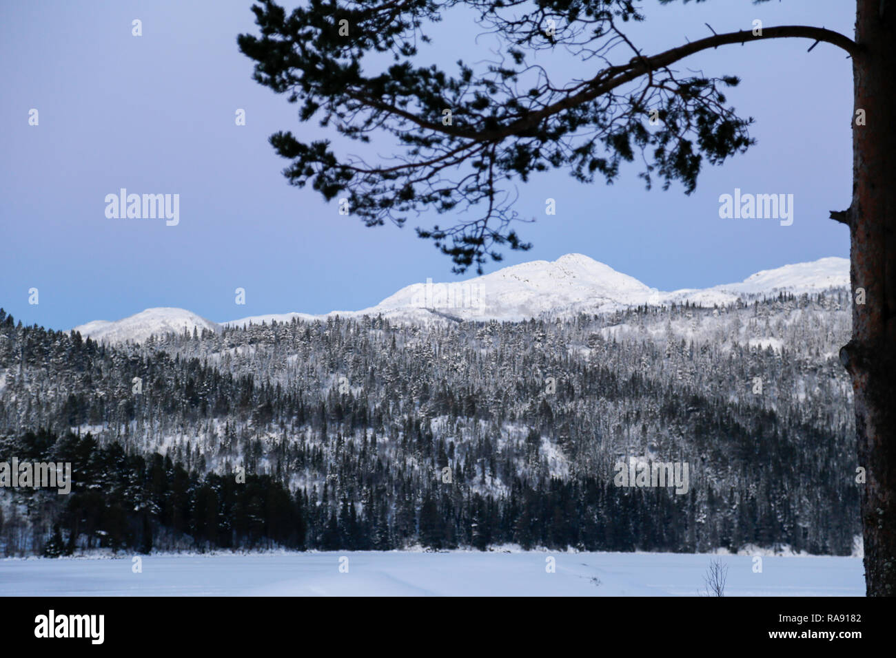 Die schneebedeckten Berg hinter gefrorenen See Stockfoto