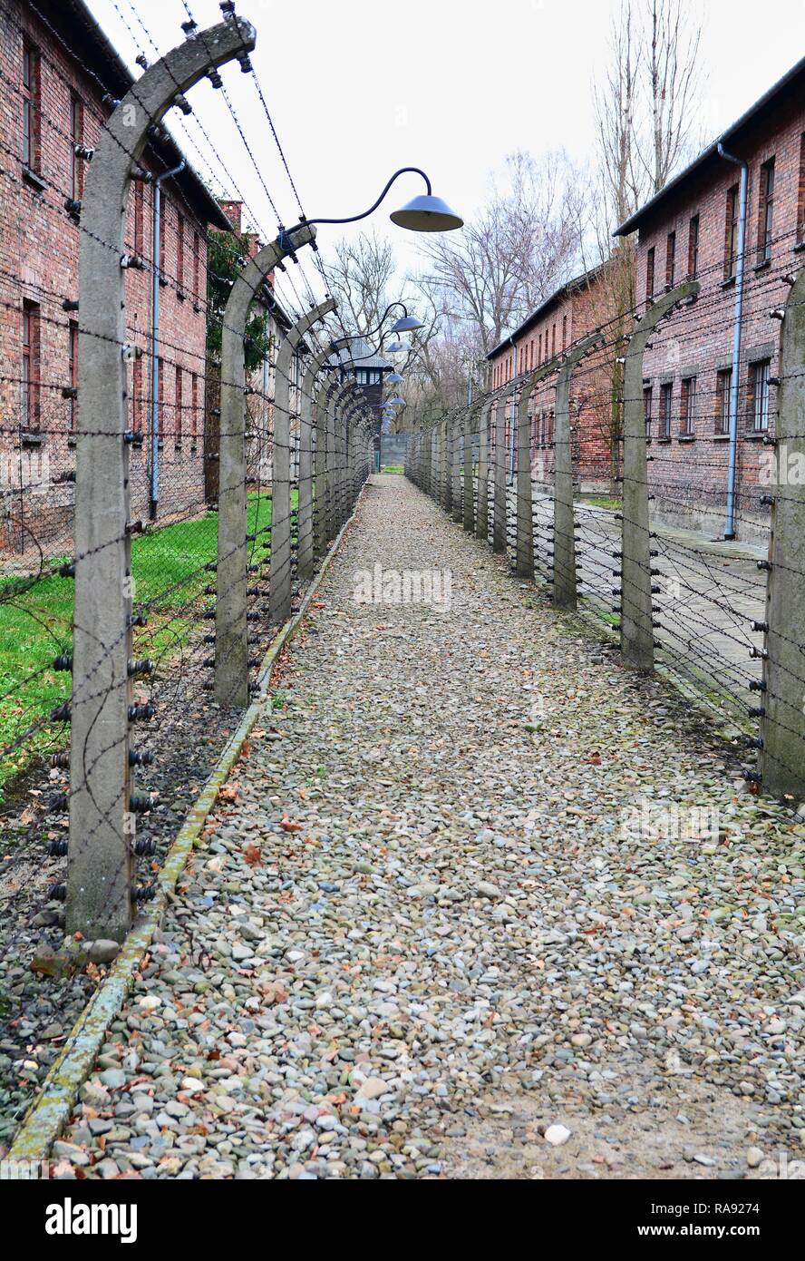 OSWIECIM, Polen - 07 Dezember, 2018: Auschwitz I Holocaust Memorial Museum. Auschwitz I ist das Lager der nationalsozialistischen Konzentrations- und Vernichtungslager Stockfoto