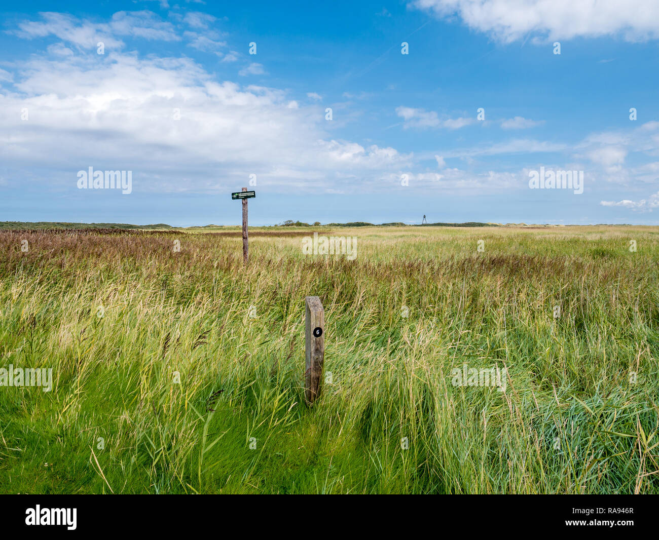 Salzwiesen mit keinen Zugang Warnschild und Holz- Leuchtfeuer in Naturschutzgebiet "Het Oerd auf die Westfriesische Insel Ameland, Friesland, Niederlande Stockfoto