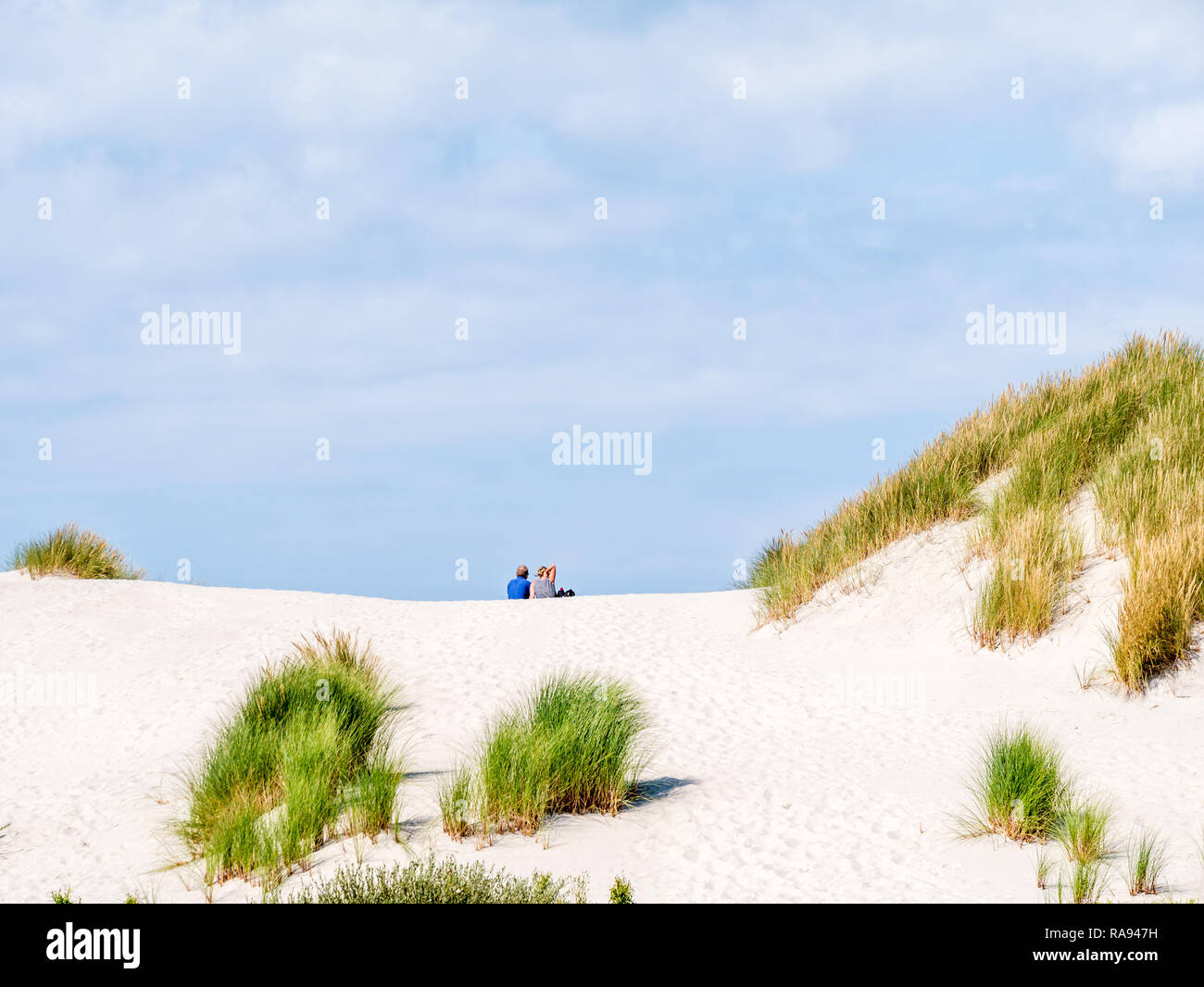 Ansicht der Rückseite zwei Leute zusammen sitzen entspannt auf Sand dune im Naturschutzgebiet "Het Oerd auf die Westfriesische Insel Ameland, Friesland, Niederlande Stockfoto