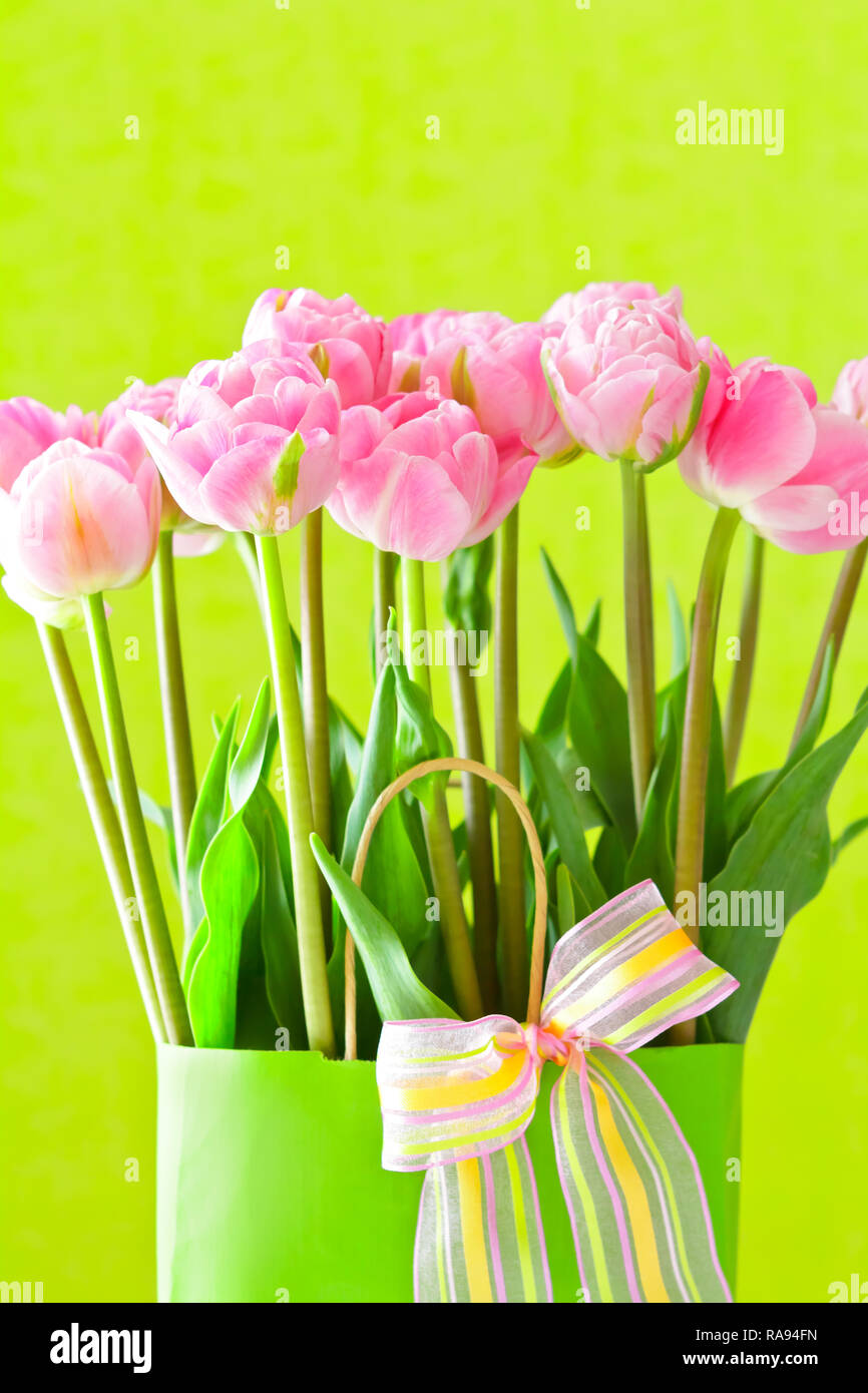 Flower Bouquet von rosa Tulpen in der Vase mit einem bunten Fliege auf einem grünen Hintergrund, Feder Vorlage für Floristen Stockfoto
