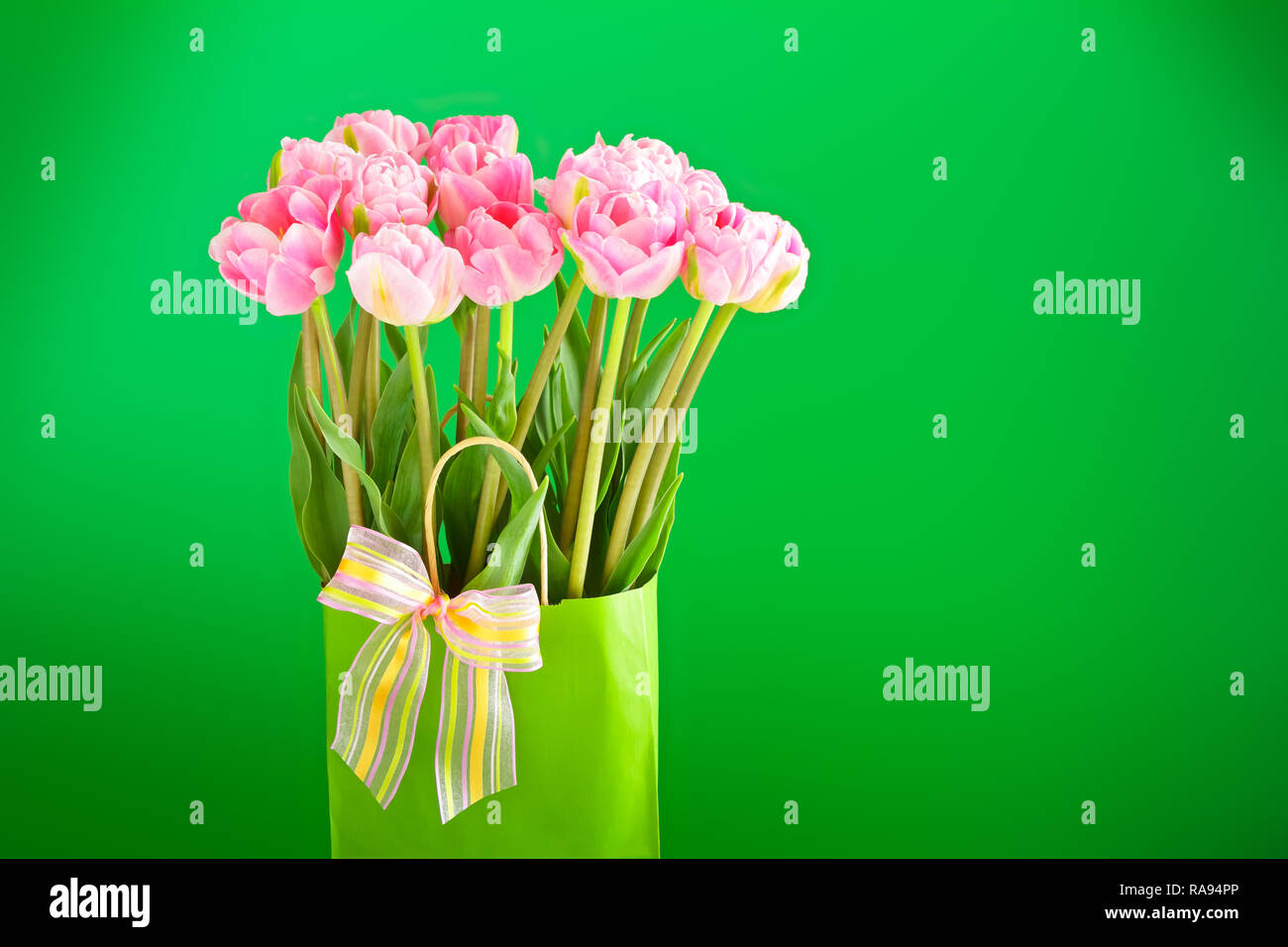 Flower Bouquet von rosa Tulpen in der Vase mit einem bunten Fliege auf einem grünen Hintergrund, kopieren oder Text Platz Stockfoto