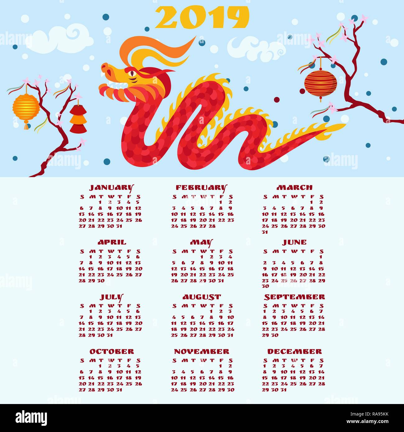 Chinesisches Neujahr 2019 Kalender. Red Dragon grinsend. Cherry Tree Branches mit Laternen und Bändern verziert. Stock Vektor