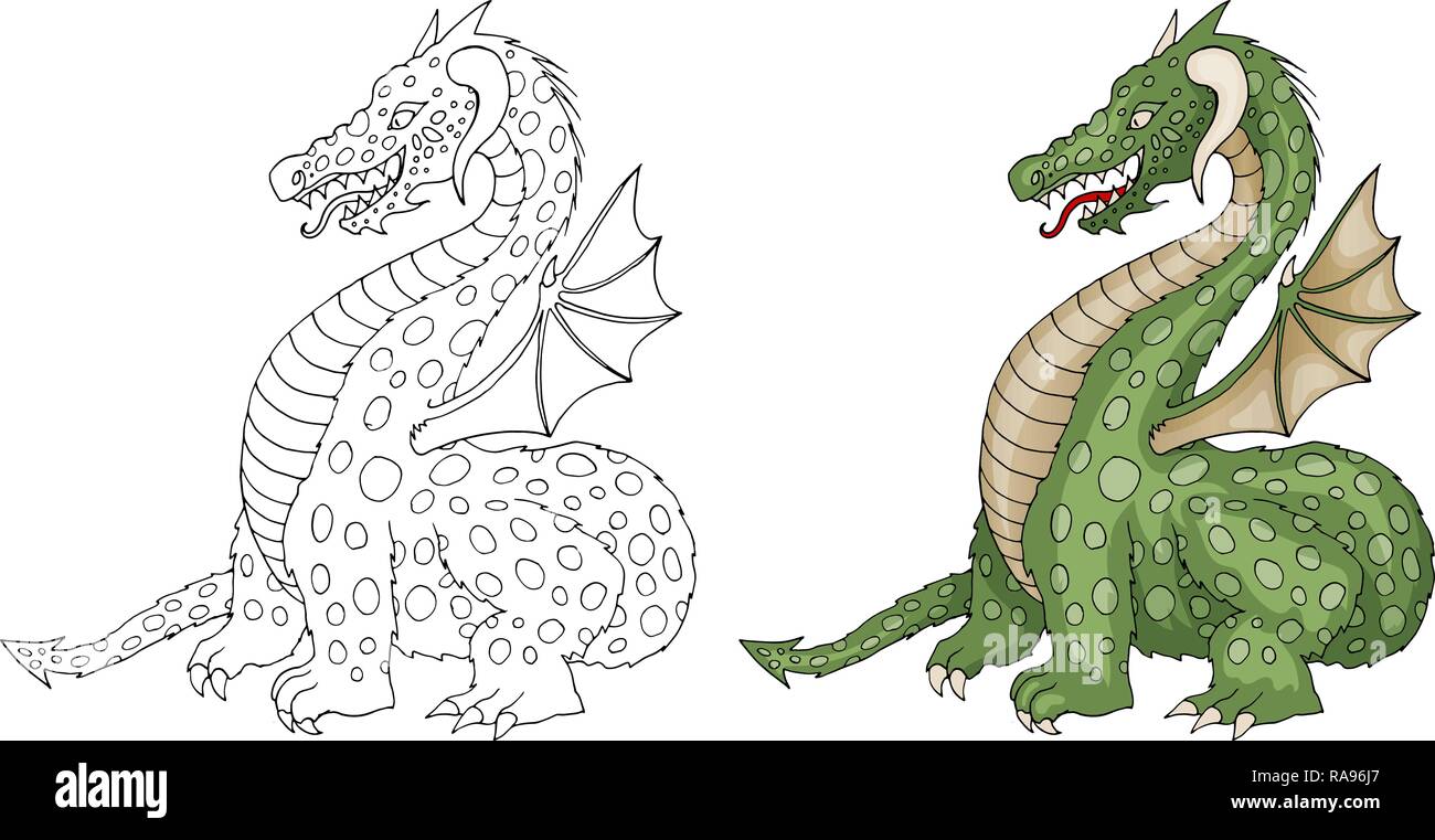 Vektor Cartoon Funny Dragon mit Hörnern und Flügeln heraus haften Zunge Stock Vektor