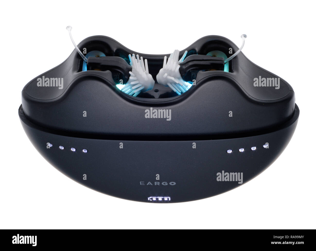 Eargo Hörgeräte in der Ladeschale. Stockfoto