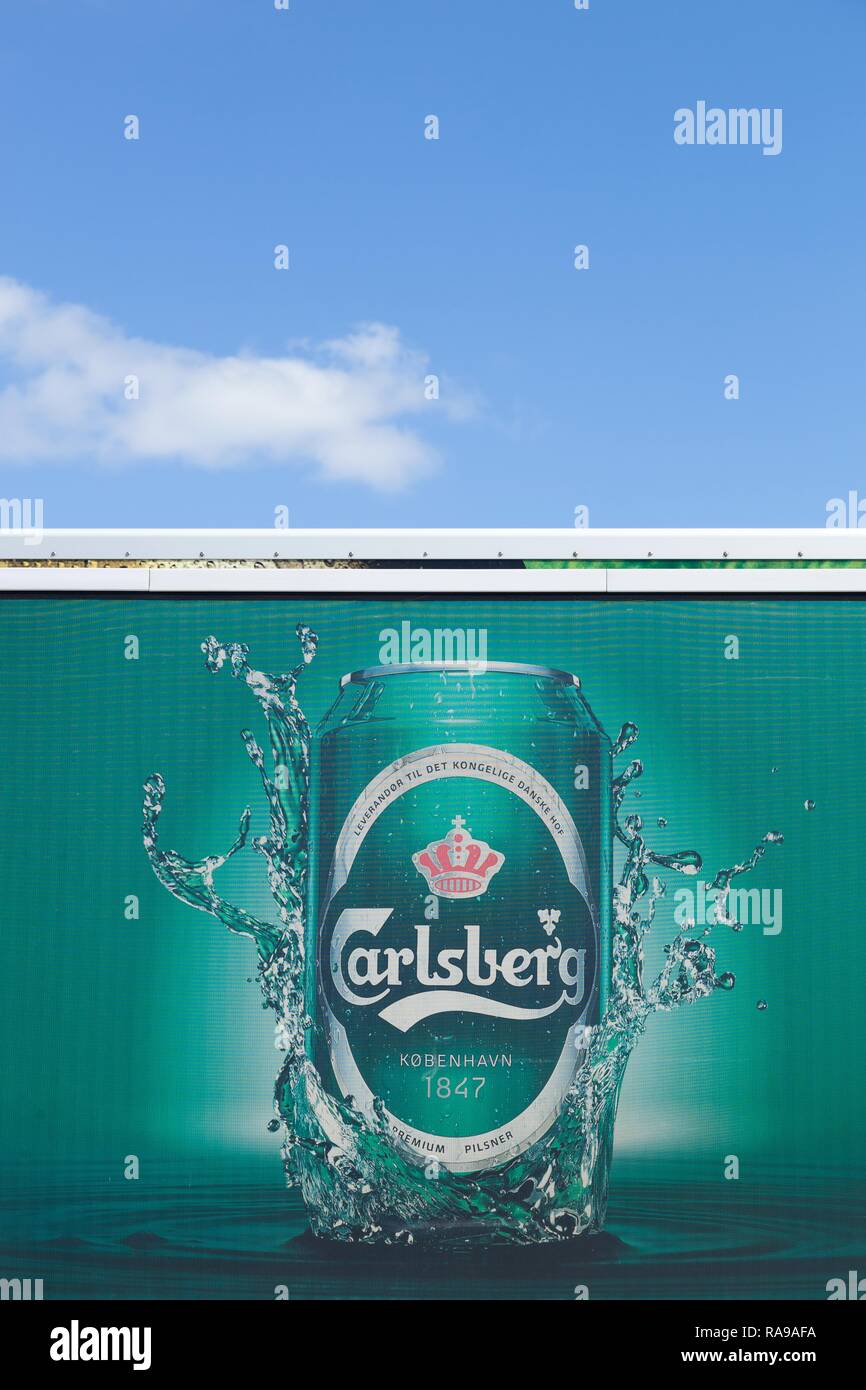 Aarhus, Dänemark - 12 August, 2015: Carlsberg Logo auf einem Lastwagen. Der Carlsberg Group ist ein dänischer Brewing Company Stockfoto