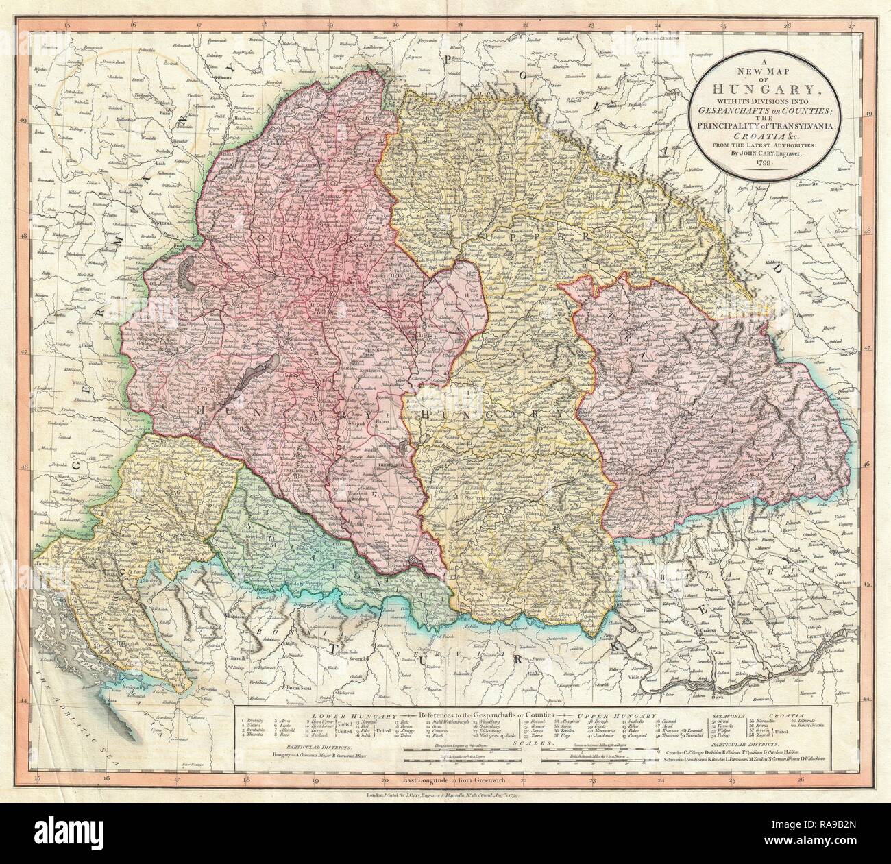 1799, Cary Karte von Ungarn, Kroatien und Siebenbürgen, John Cary, 1754 - 1835, war ein 