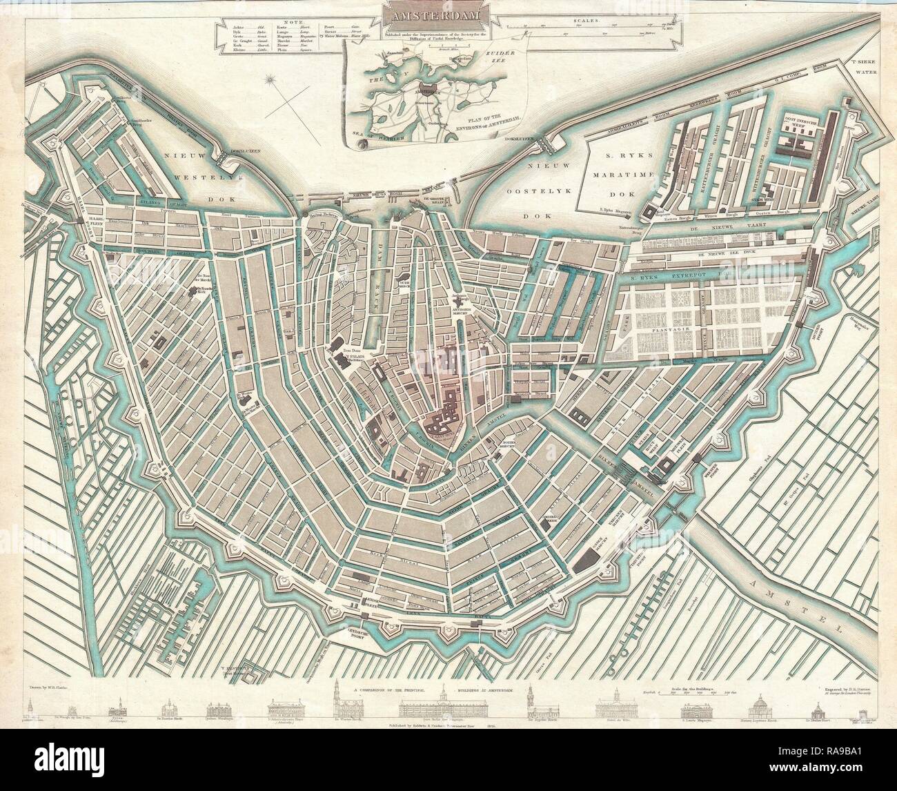 Stadtplan farbig Niederlande Amsterdam Mkl7 Historische alte Stadtkarte 1908 