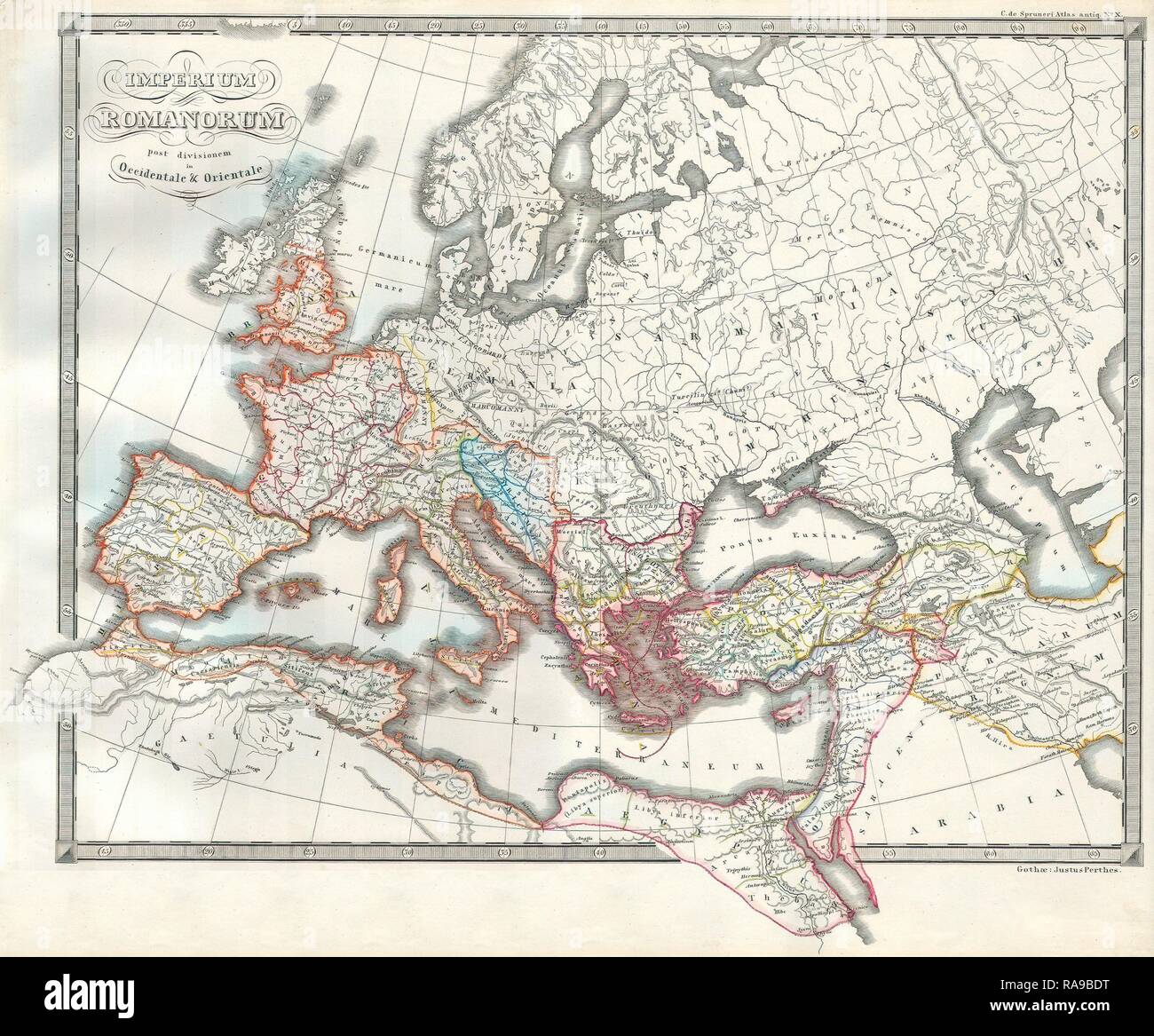 1850, Karte des Römischen Reiches als Unterteilt in Ost und West, in das antike Rom. Neuerfundene durch Gibon. Klassische Kunst mit einem Neuerfundene Stockfoto