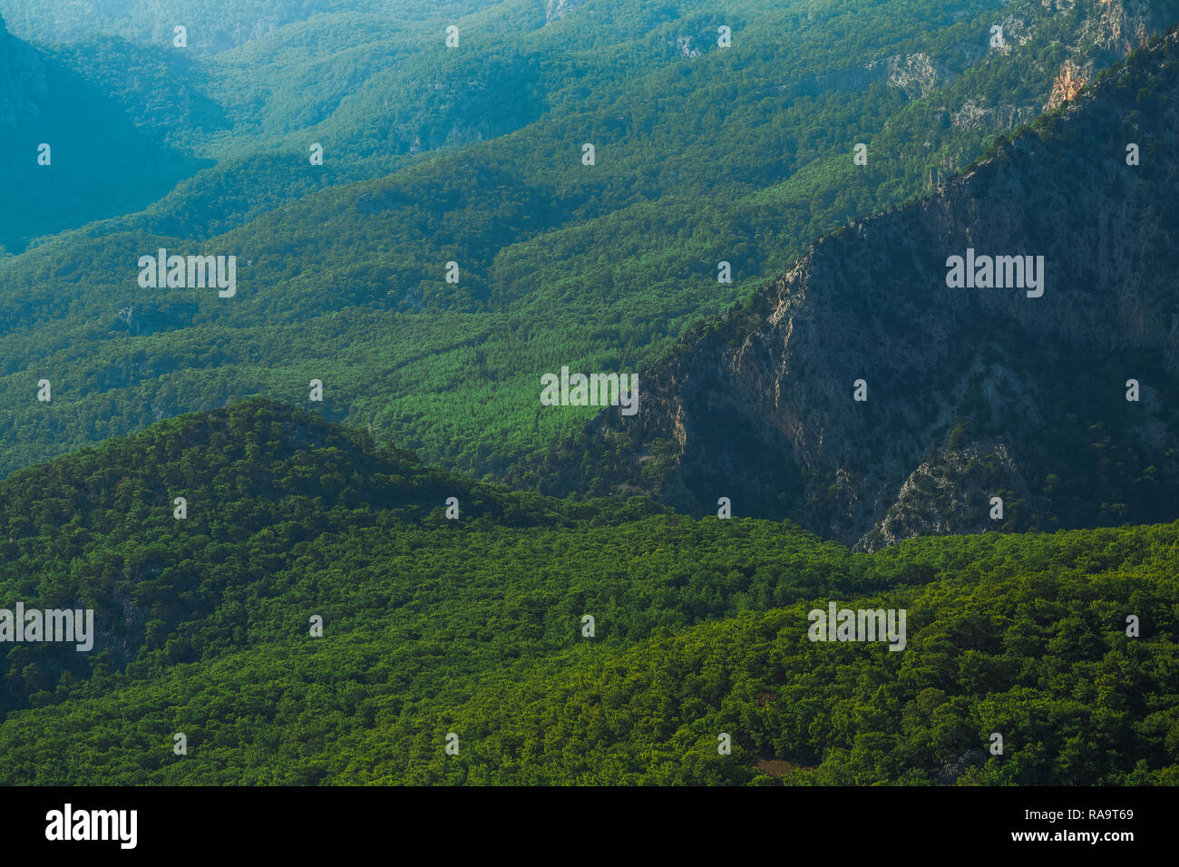 Schöne Luftaufnahme auf grün bewaldeten Hügeln der Berge in der Türkei. Hügel mit dicken Holz wächst. Horizontale Farbfotografie. Stockfoto