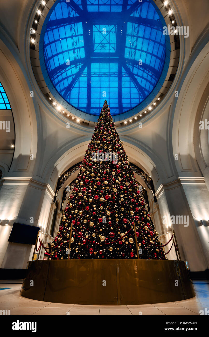Weihnachtsbaum unter der Glaskuppel am Bahnhof. Schönes Interieur des